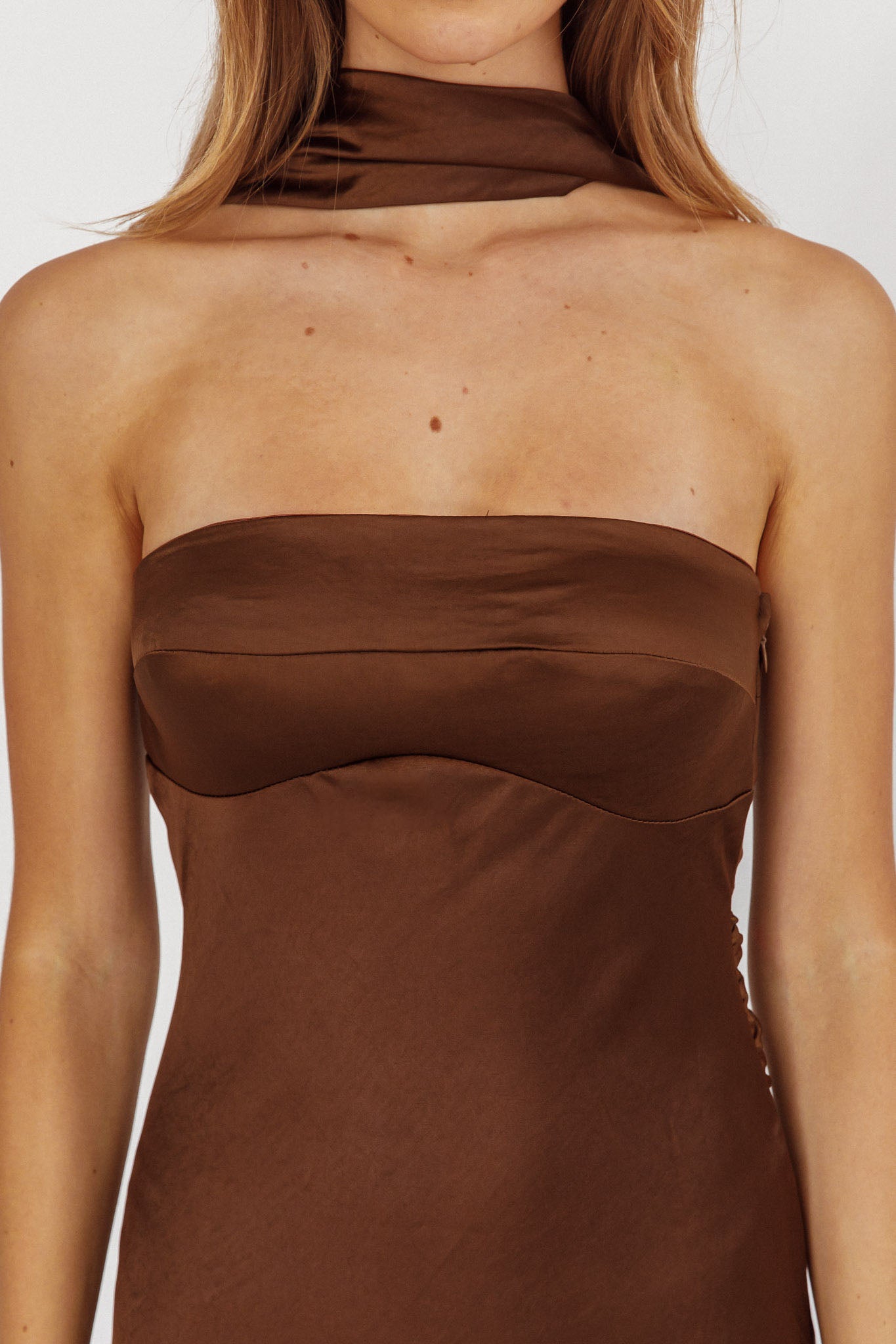 Damsel Reverse Halter Maxi Dress Satin Chocolate by Selfie Leslie Australia
