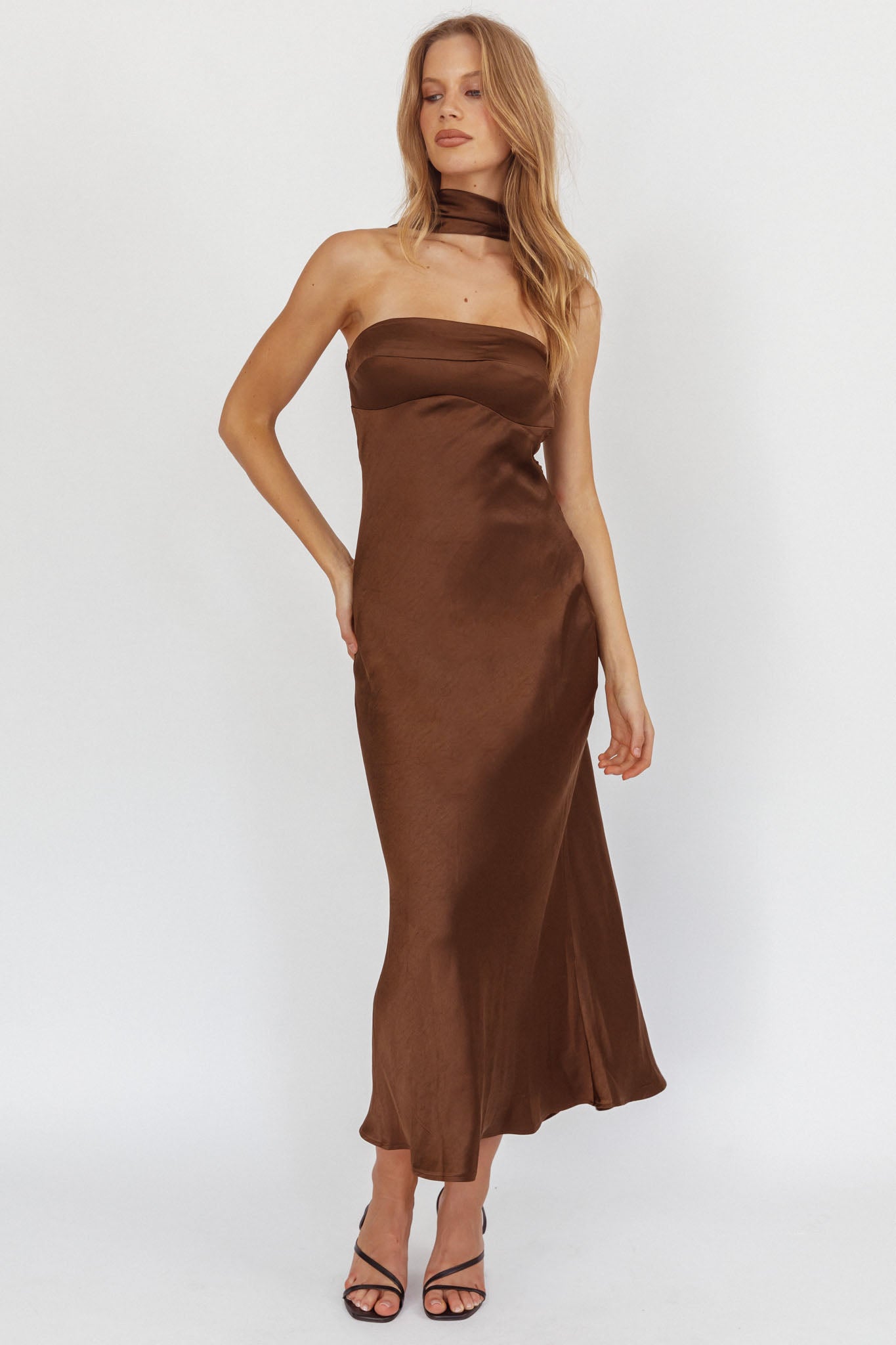 Damsel Reverse Halter Maxi Dress Satin Chocolate by Selfie Leslie Australia