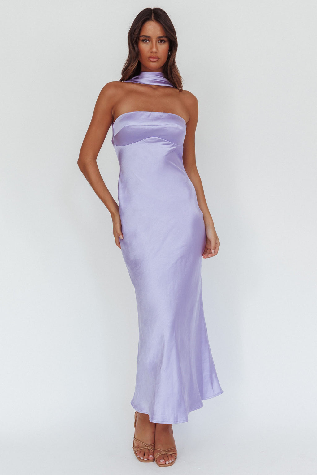 Damsel Reverse Halter Maxi Dress Satin Lilac by Selfie Leslie Australia
