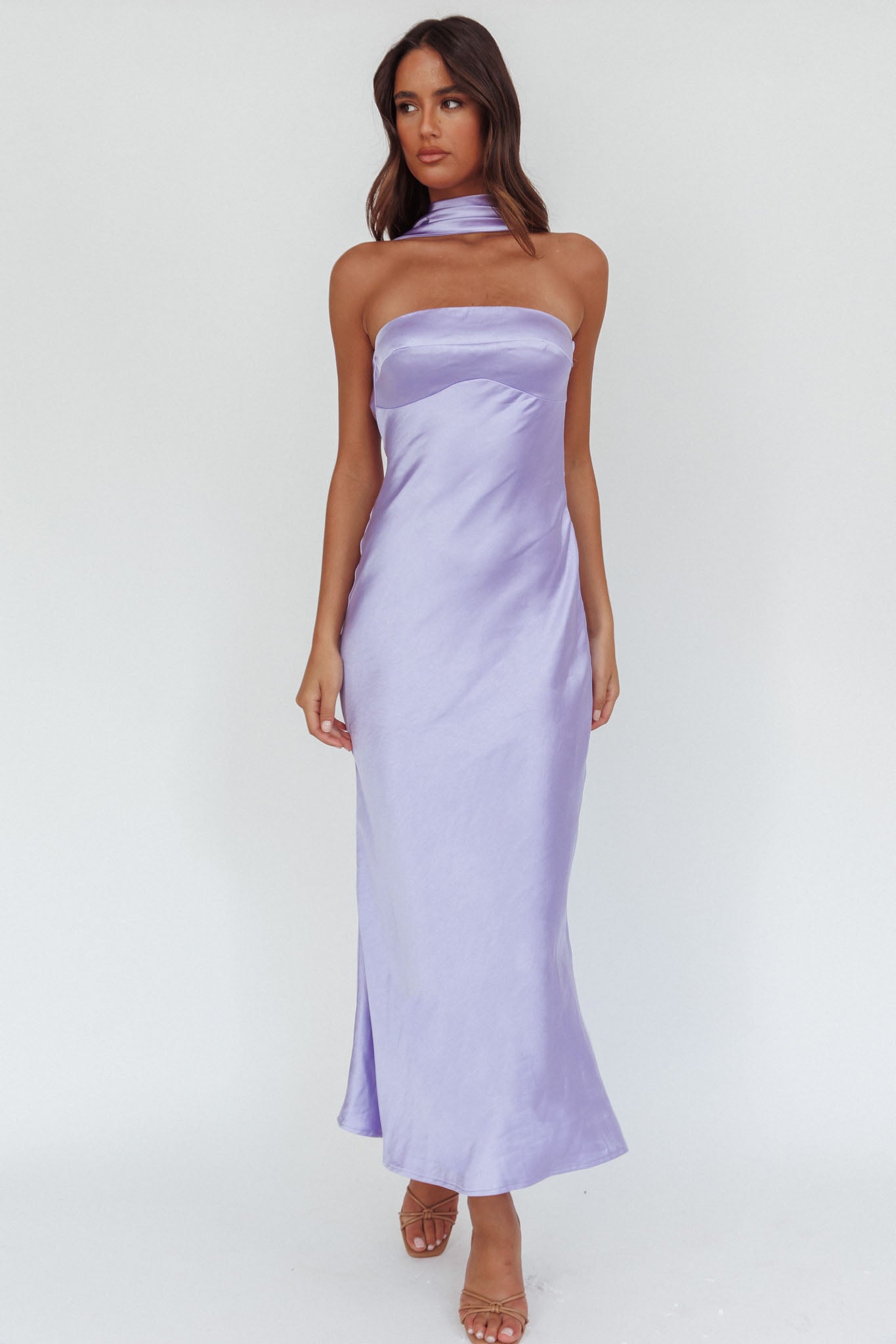 Damsel Reverse Halter Maxi Dress Satin Lilac by Selfie Leslie Australia