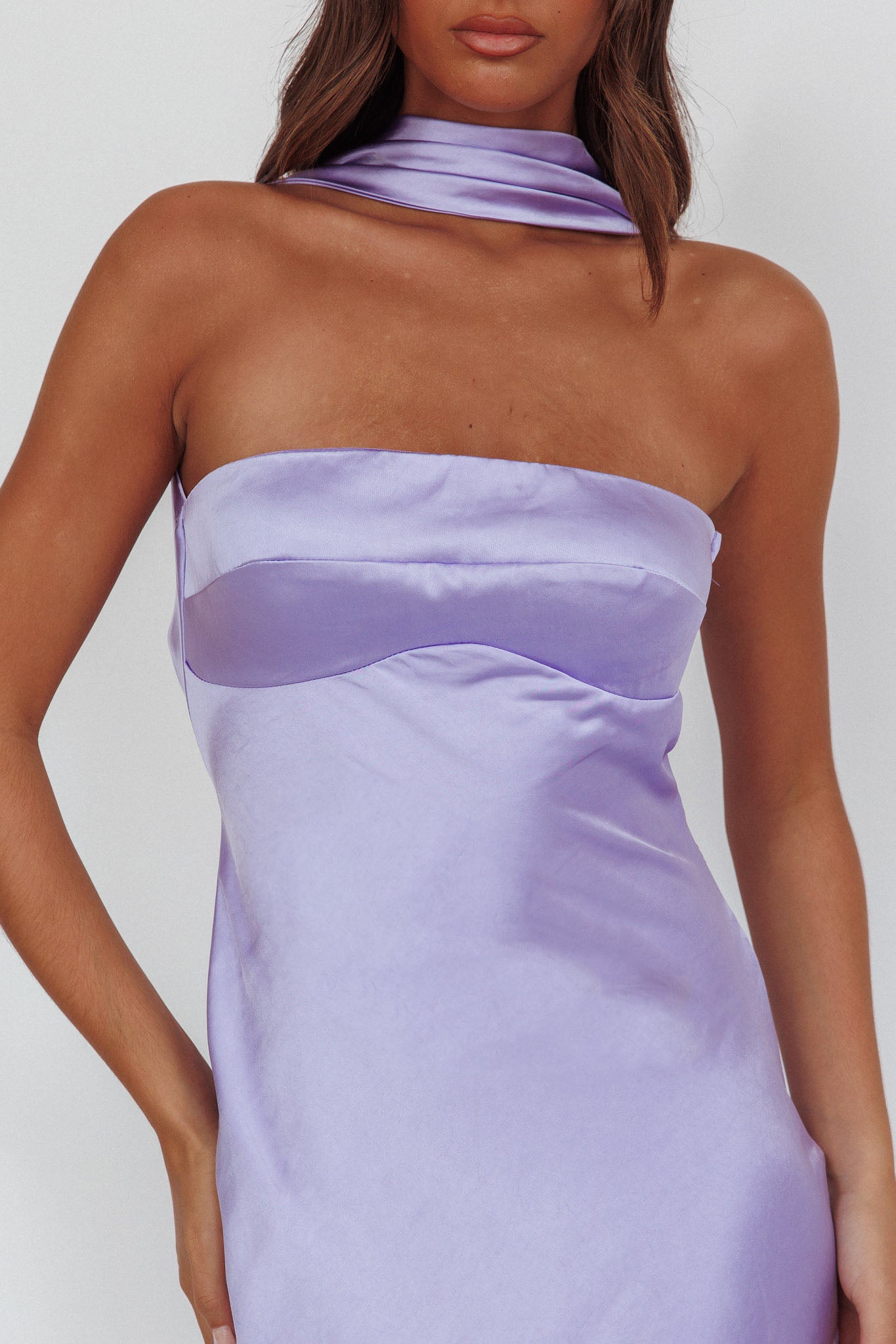 Damsel Reverse Halter Maxi Dress Satin Lilac by Selfie Leslie Australia