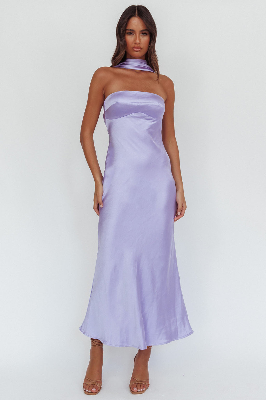 Damsel Reverse Halter Maxi Dress Satin Lilac by Selfie Leslie Australia