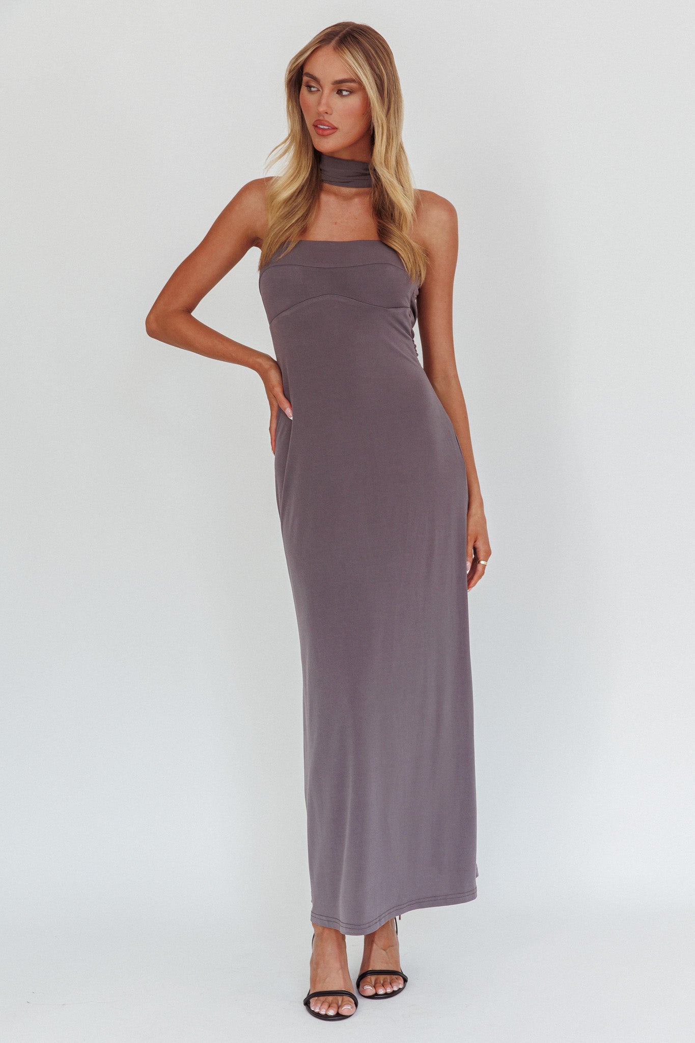 Damsel Reverse Halter Maxi Dress Charcoal by Selfie Leslie Australia