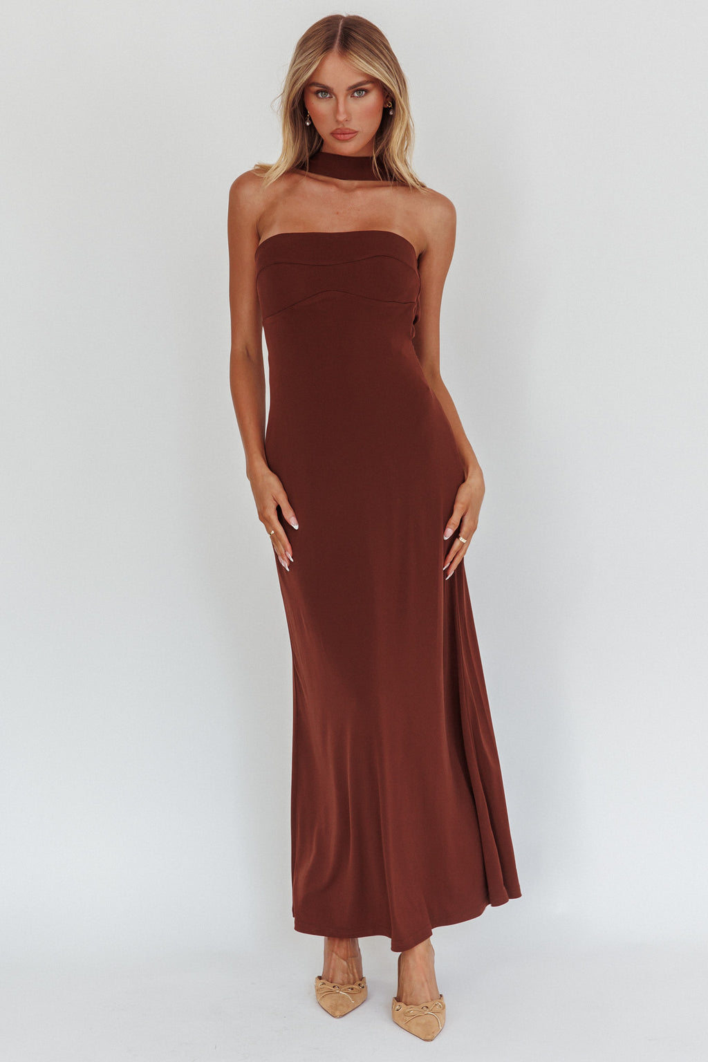 Damsel Reverse Halter Maxi Dress Chocolate by Selfie Leslie Australia