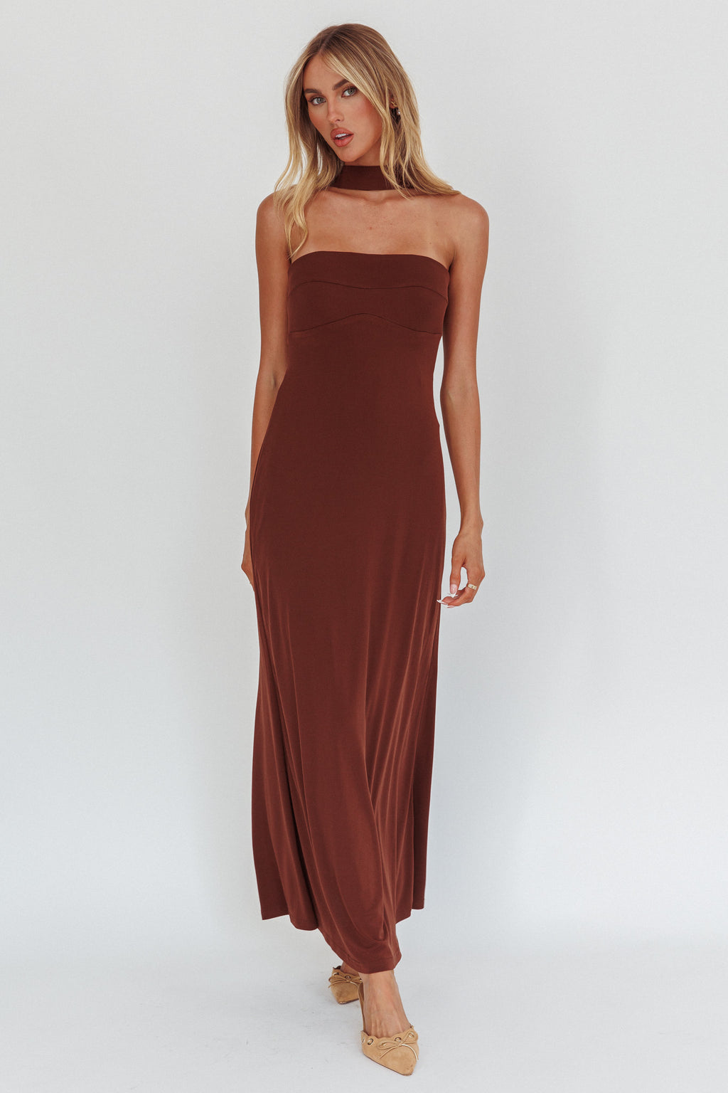 Damsel Reverse Halter Maxi Dress Chocolate by Selfie Leslie Australia