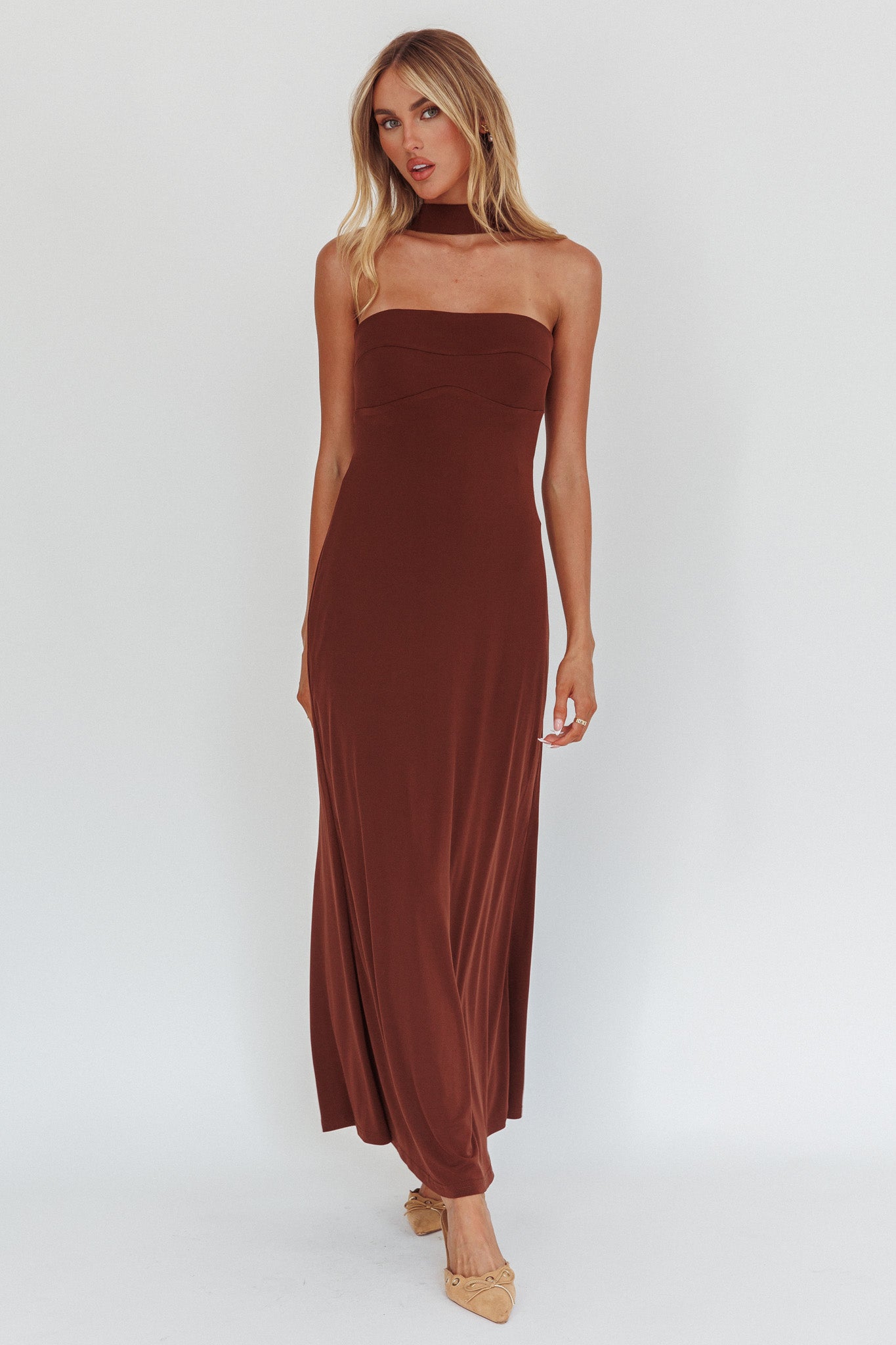 Damsel Reverse Halter Maxi Dress Chocolate by Selfie Leslie Australia