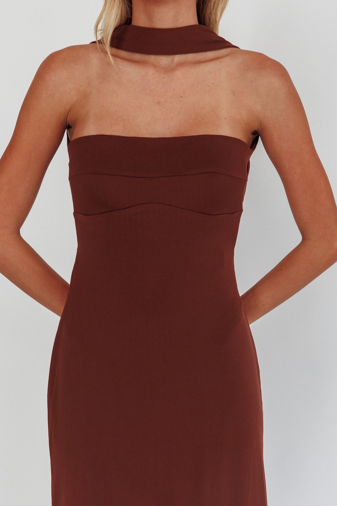 Damsel Reverse Halter Maxi Dress Chocolate by Selfie Leslie Australia