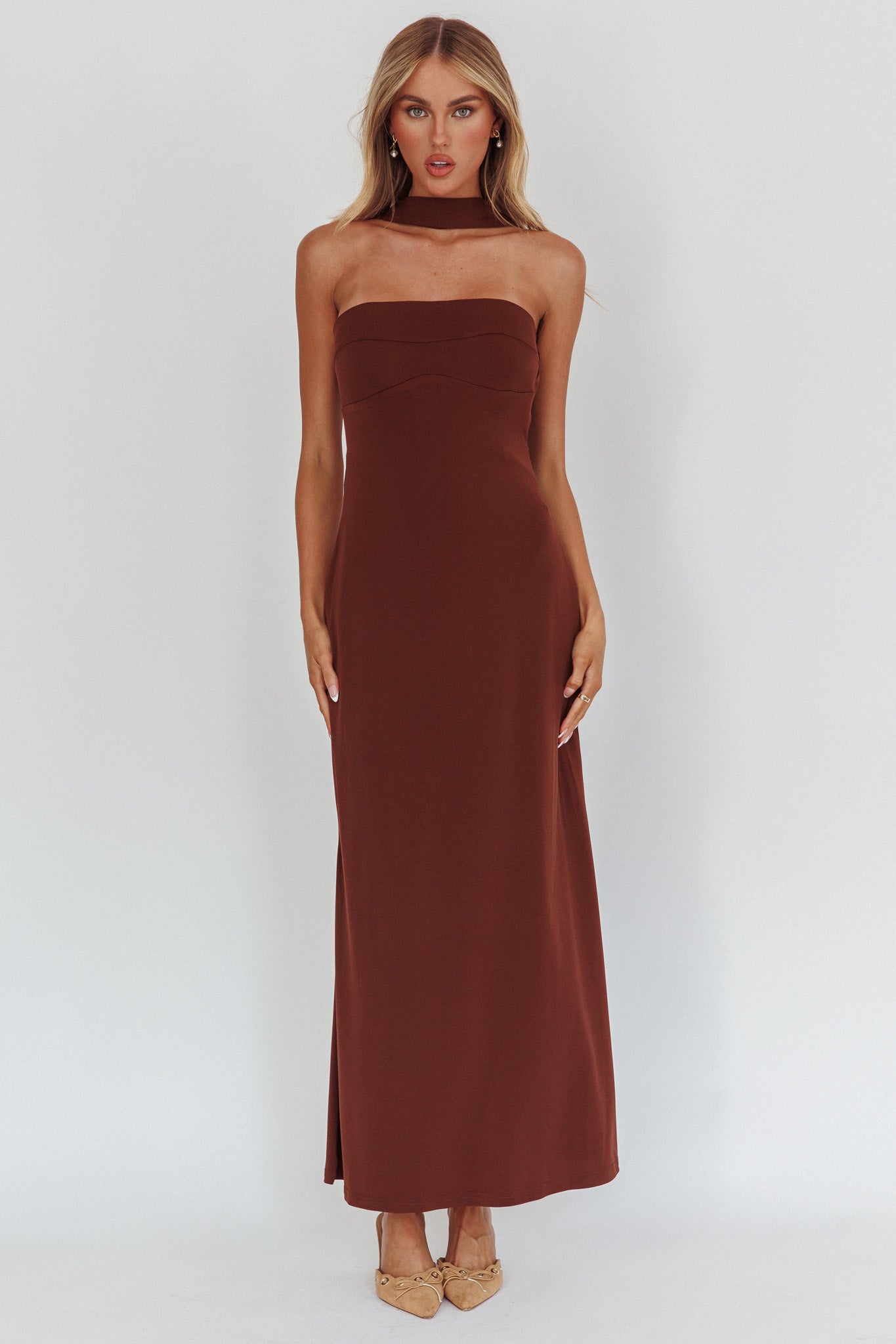 Damsel Reverse Halter Maxi Dress Chocolate by Selfie Leslie Australia
