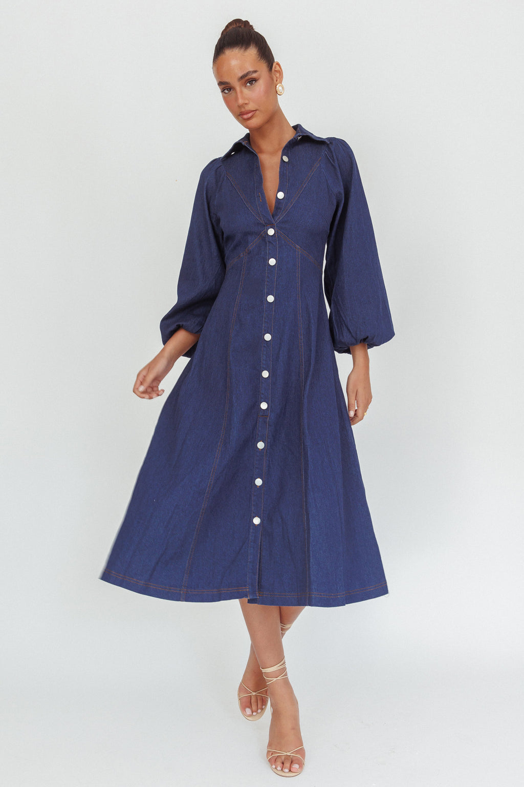 Ania Long Balloon Style Midi Dress Dark Denim by Selfie Leslie Australia
