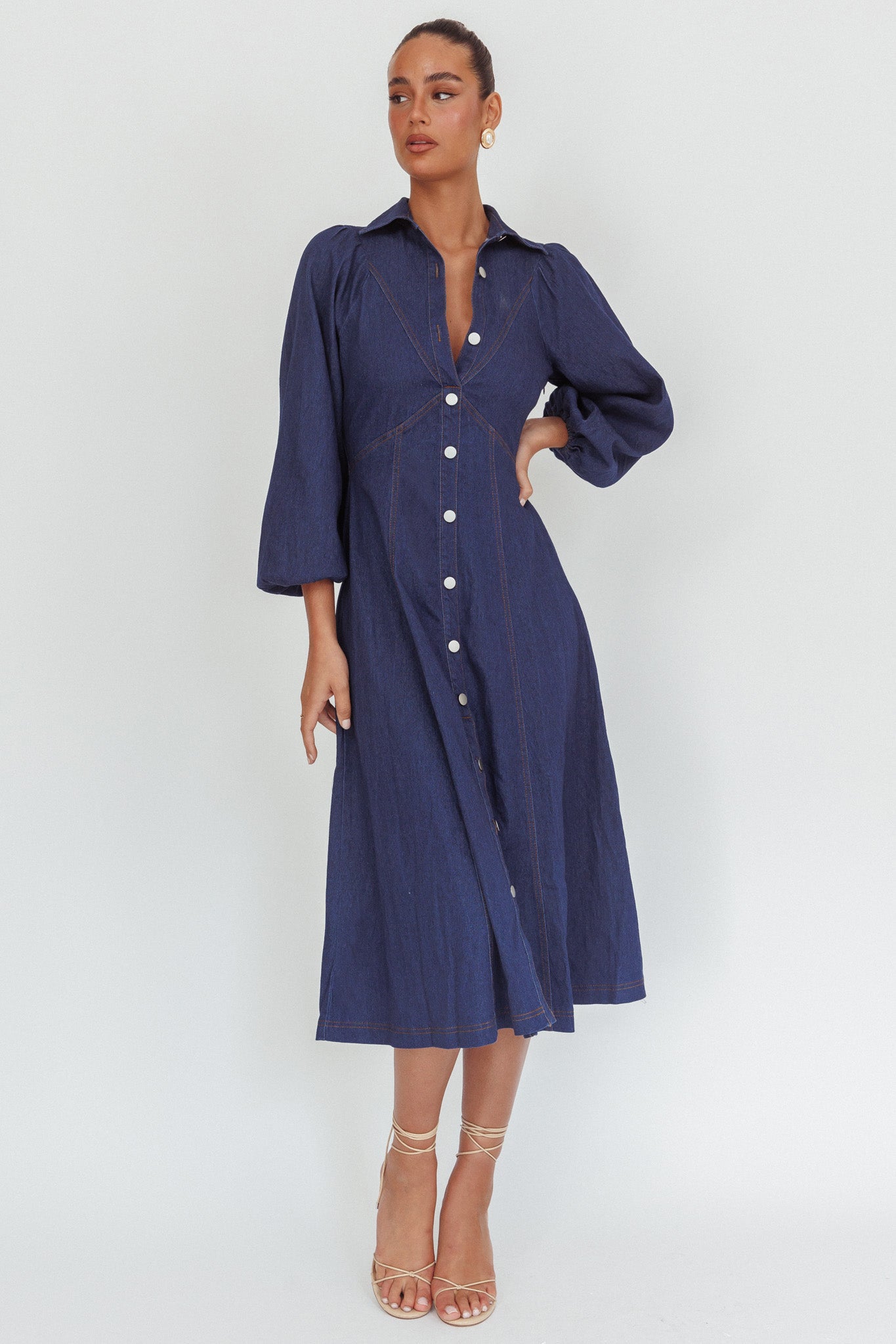 Ania Long Balloon Style Midi Dress Dark Denim by Selfie Leslie Australia
