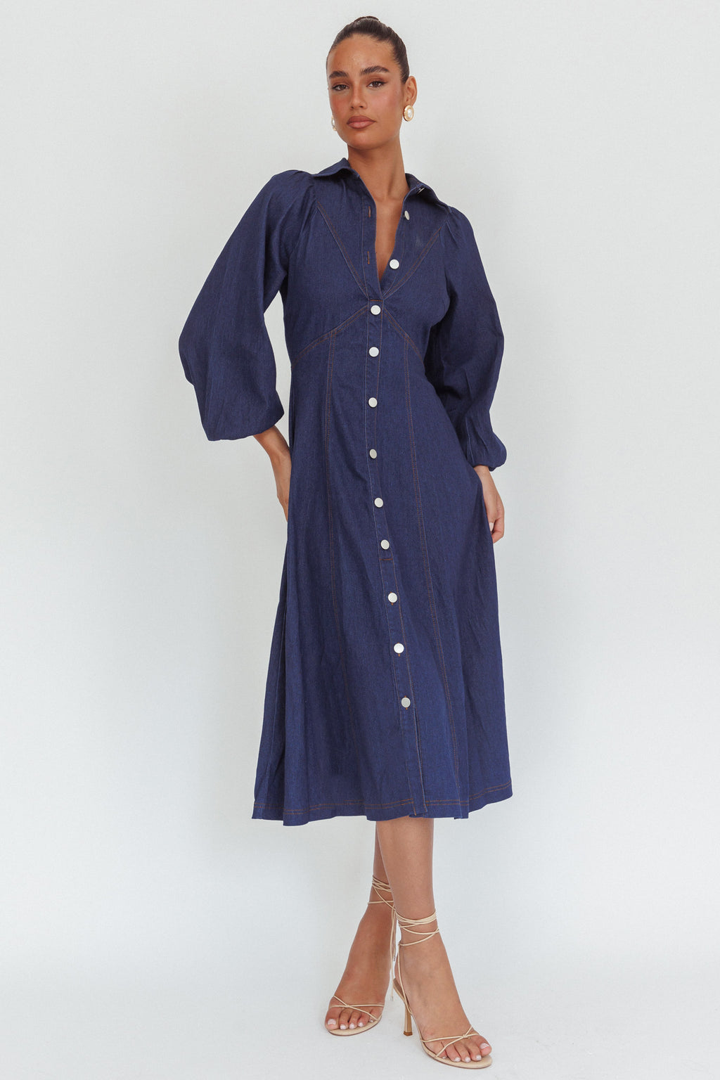 Ania Long Balloon Style Midi Dress Dark Denim by Selfie Leslie Australia