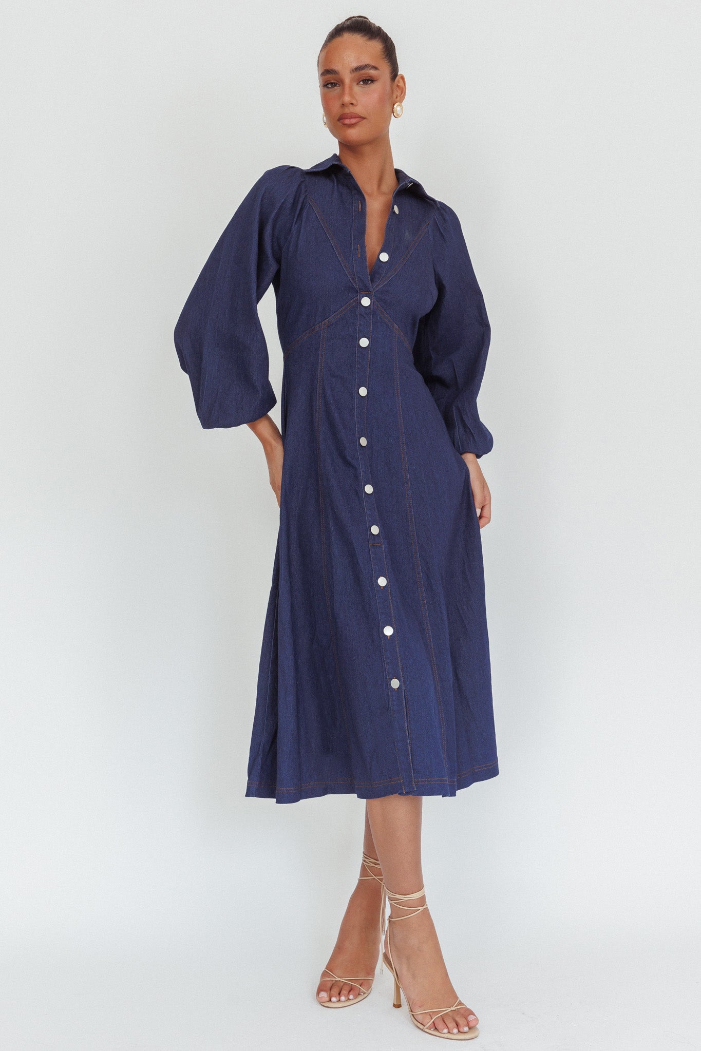 Ania Long Balloon Style Midi Dress Dark Denim by Selfie Leslie Australia