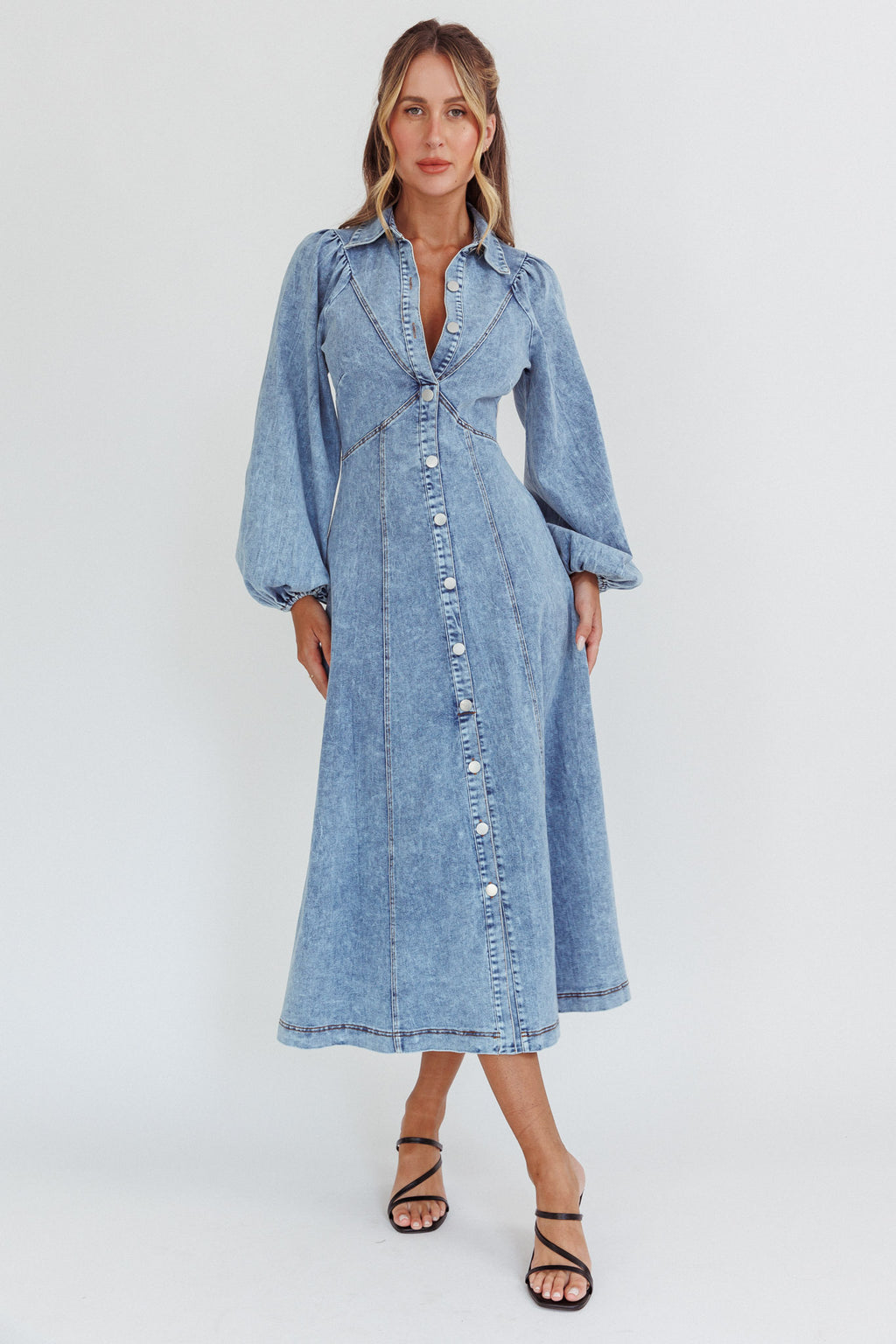 Ania Long Balloon Style Midi Dress Denim Blue by Selfie Leslie Australia