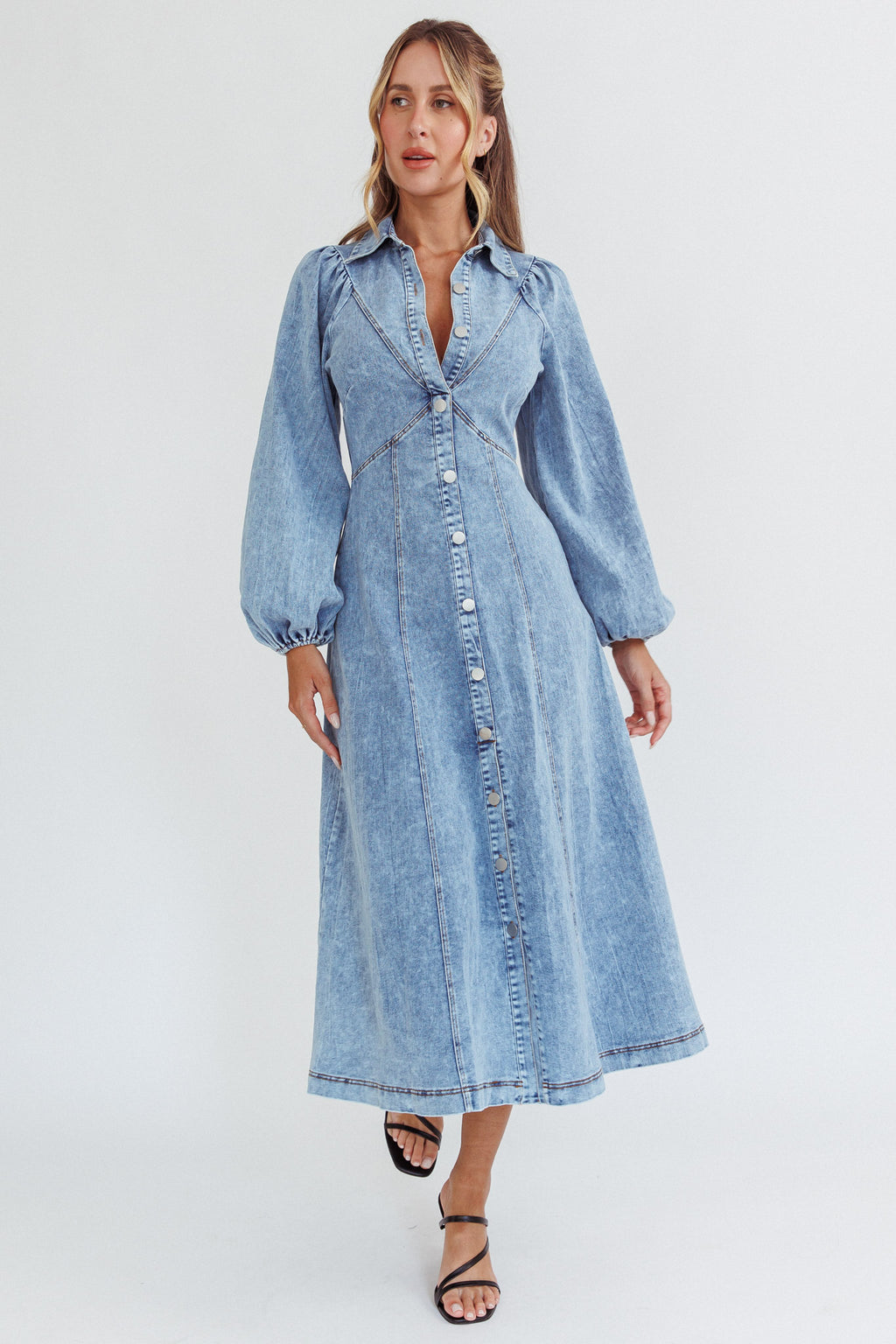 Ania Long Balloon Style Midi Dress Denim Blue by Selfie Leslie Australia