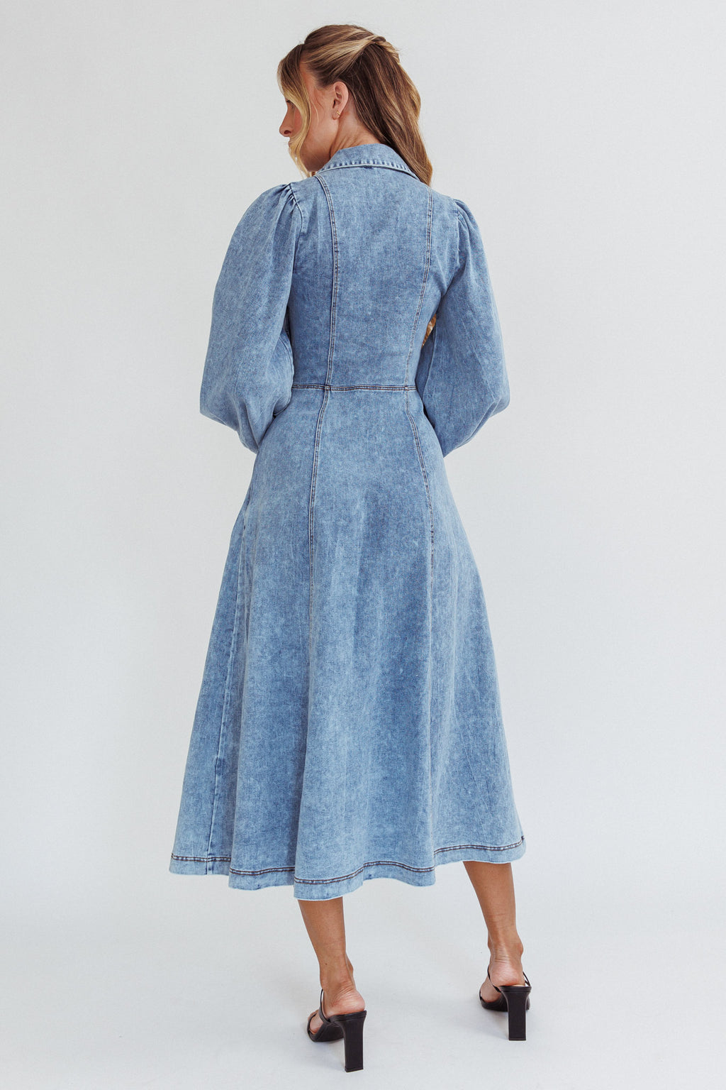 Ania Long Balloon Style Midi Dress Denim Blue by Selfie Leslie Australia