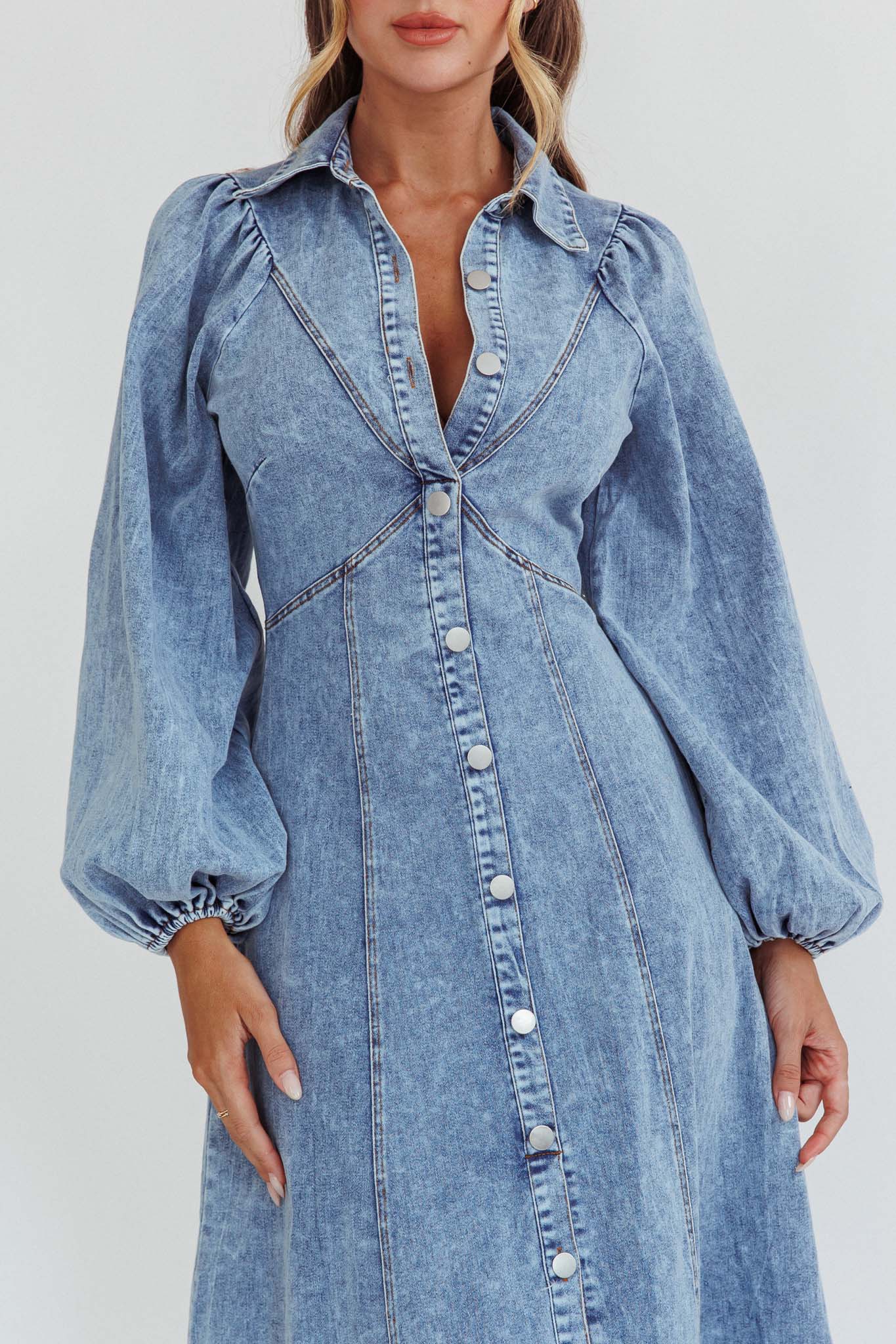Ania Long Balloon Style Midi Dress Denim Blue by Selfie Leslie Australia