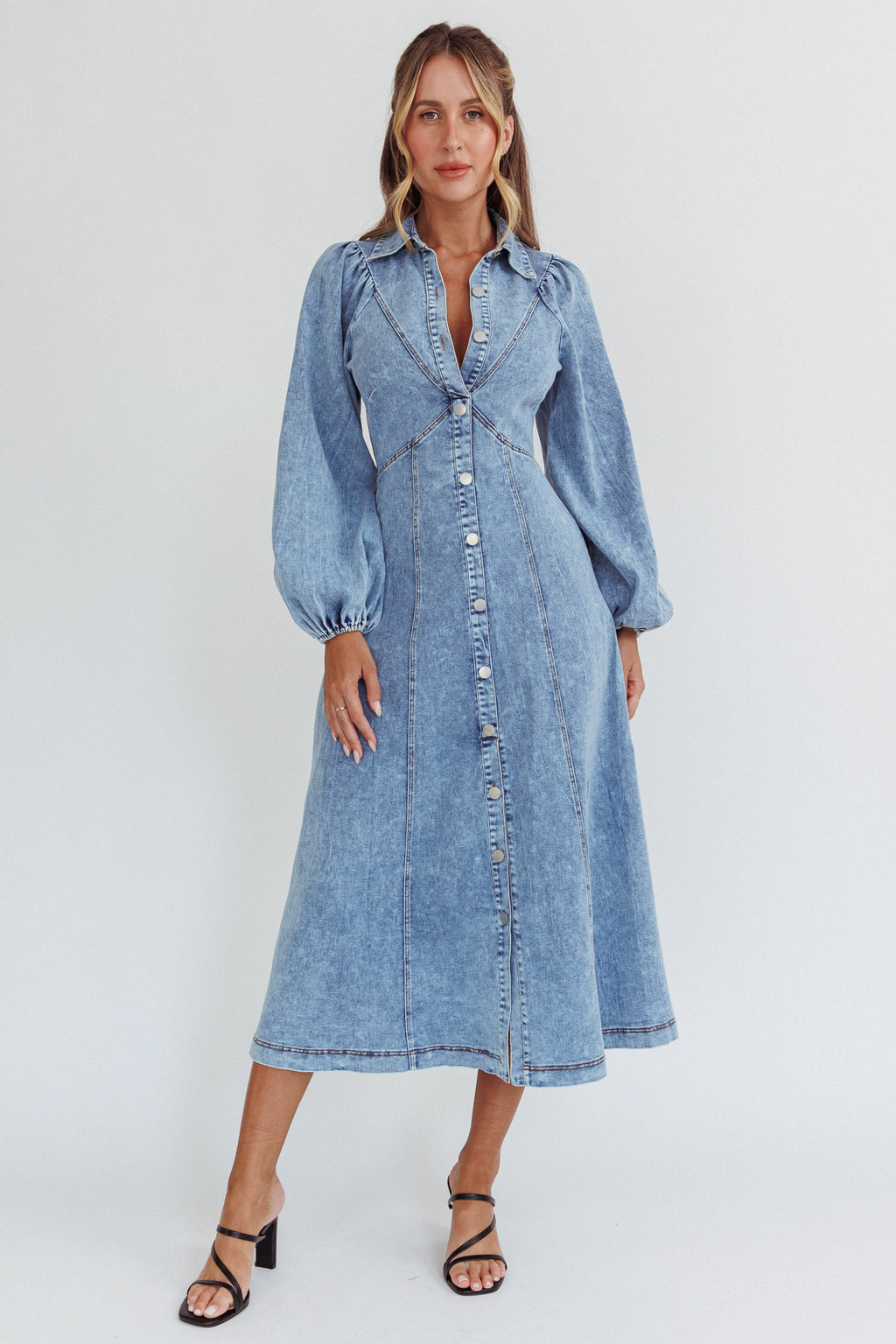 Ania Long Balloon Style Midi Dress Denim Blue by Selfie Leslie Australia