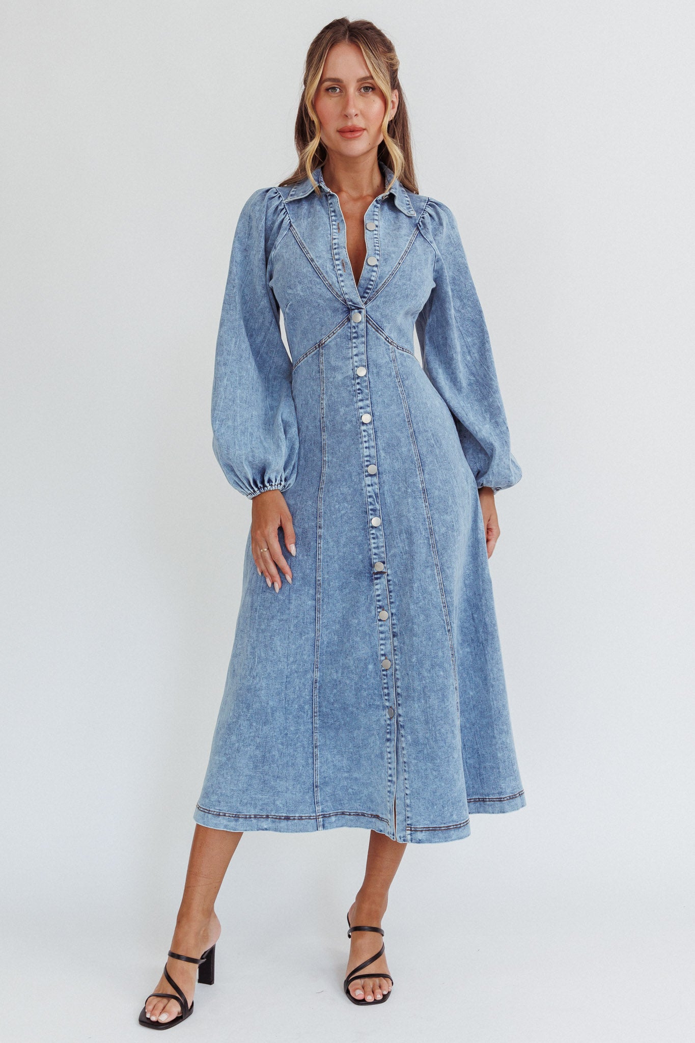 Ania Long Balloon Style Midi Dress Denim Blue by Selfie Leslie Australia