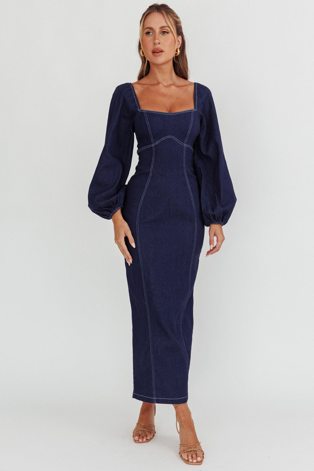 Bay Side Long Sleeve Denim Midi Dress Indigo by Selfie Leslie Australia