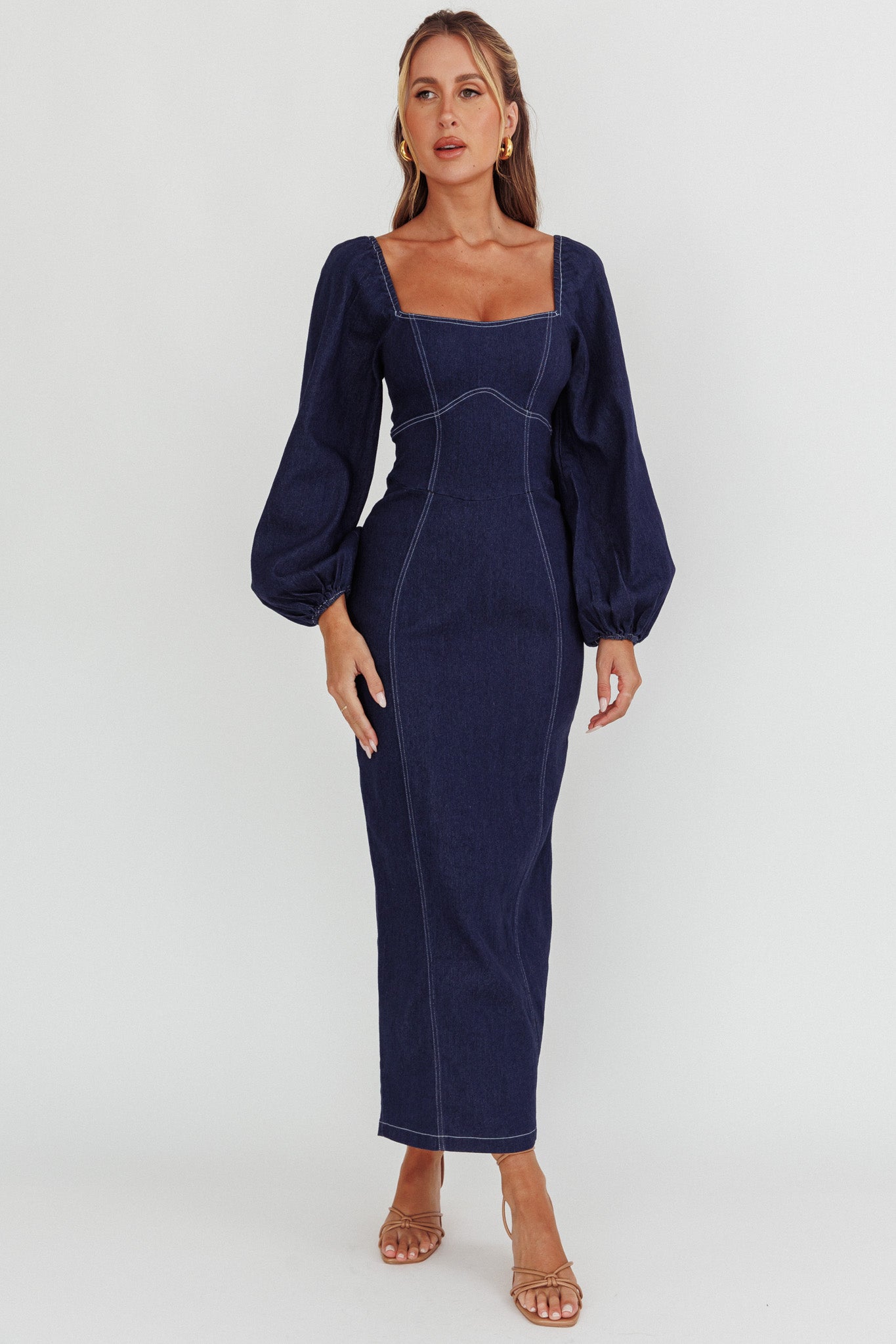 Bay Side Long Sleeve Denim Midi Dress Indigo by Selfie Leslie Australia