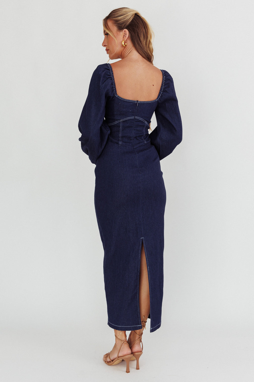 Bay Side Long Sleeve Denim Midi Dress Indigo by Selfie Leslie Australia