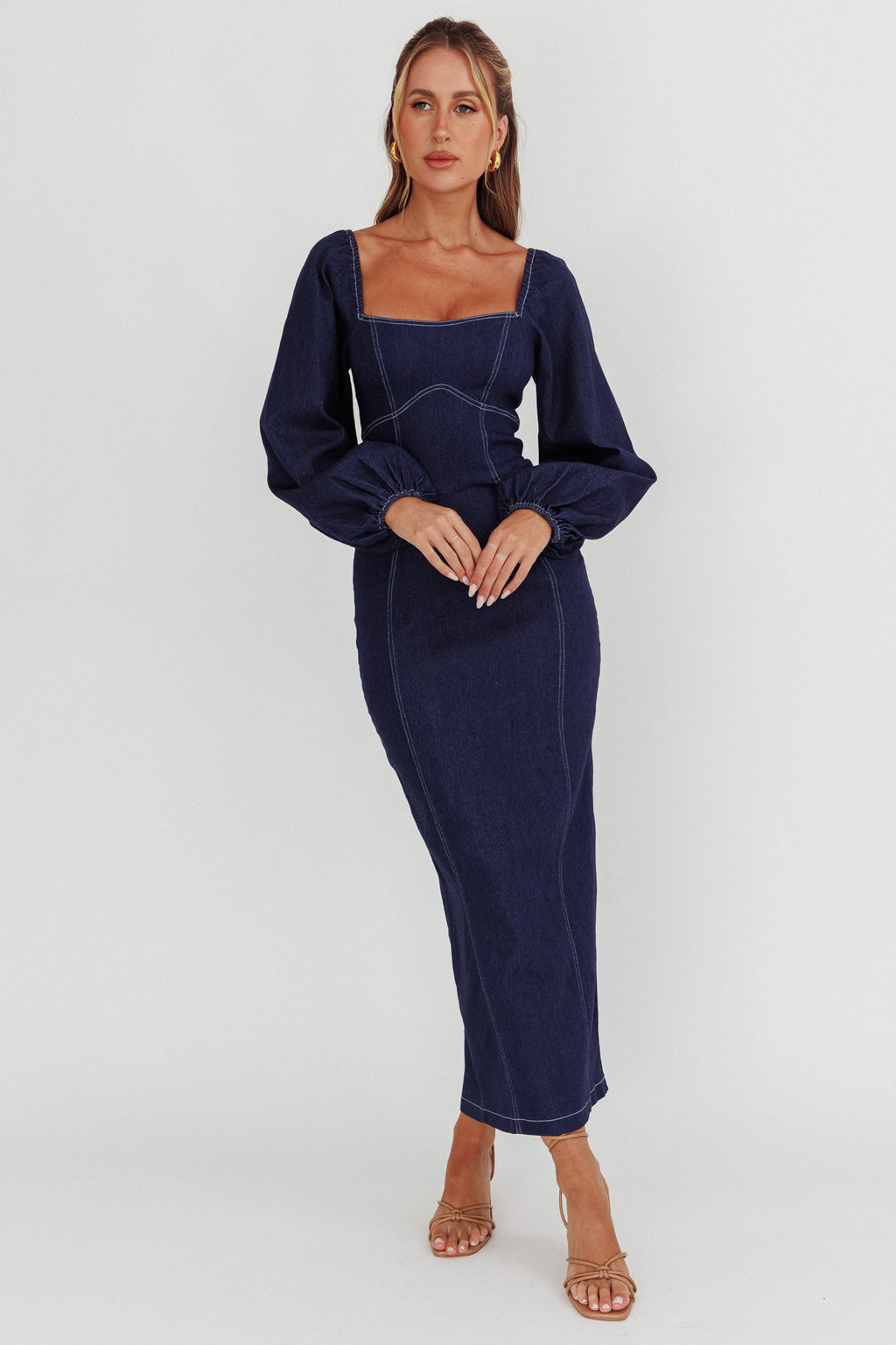 Bay Side Long Sleeve Denim Midi Dress Indigo by Selfie Leslie Australia