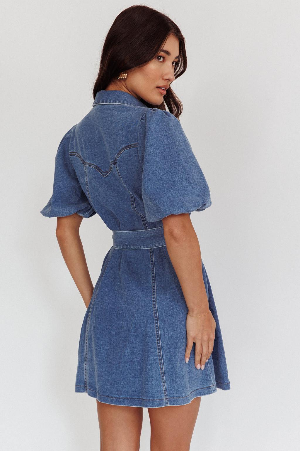 Myleigh Puff Sleeve Waist Tie Mini Dress Denim Blue by Selfie Leslie Australia