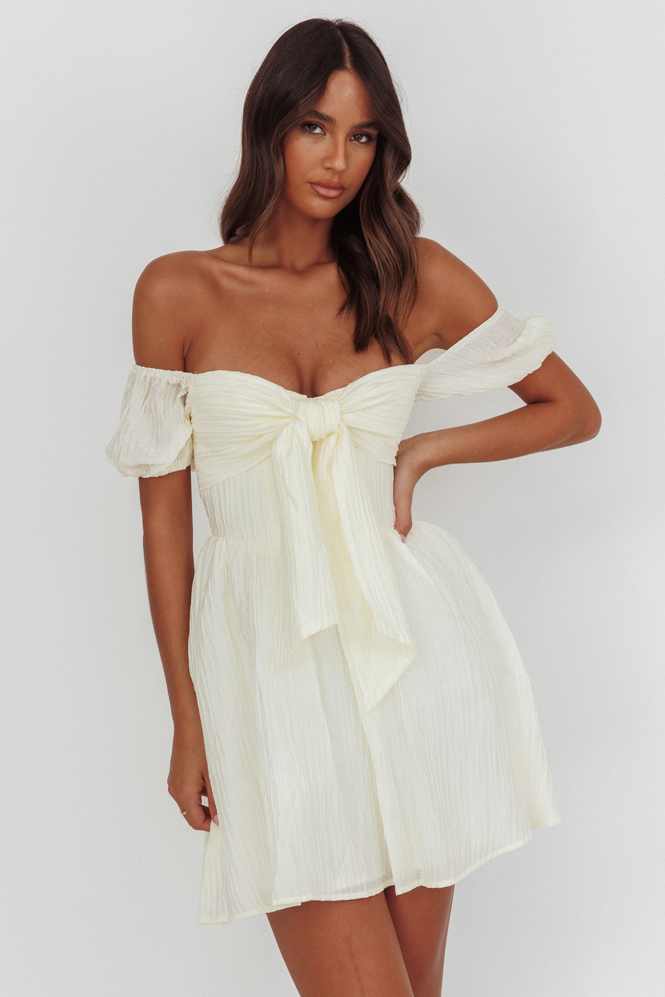 Perfect Worlds Off-Shoulder Mini Dress Textured Ivory by Selfie Leslie Australia