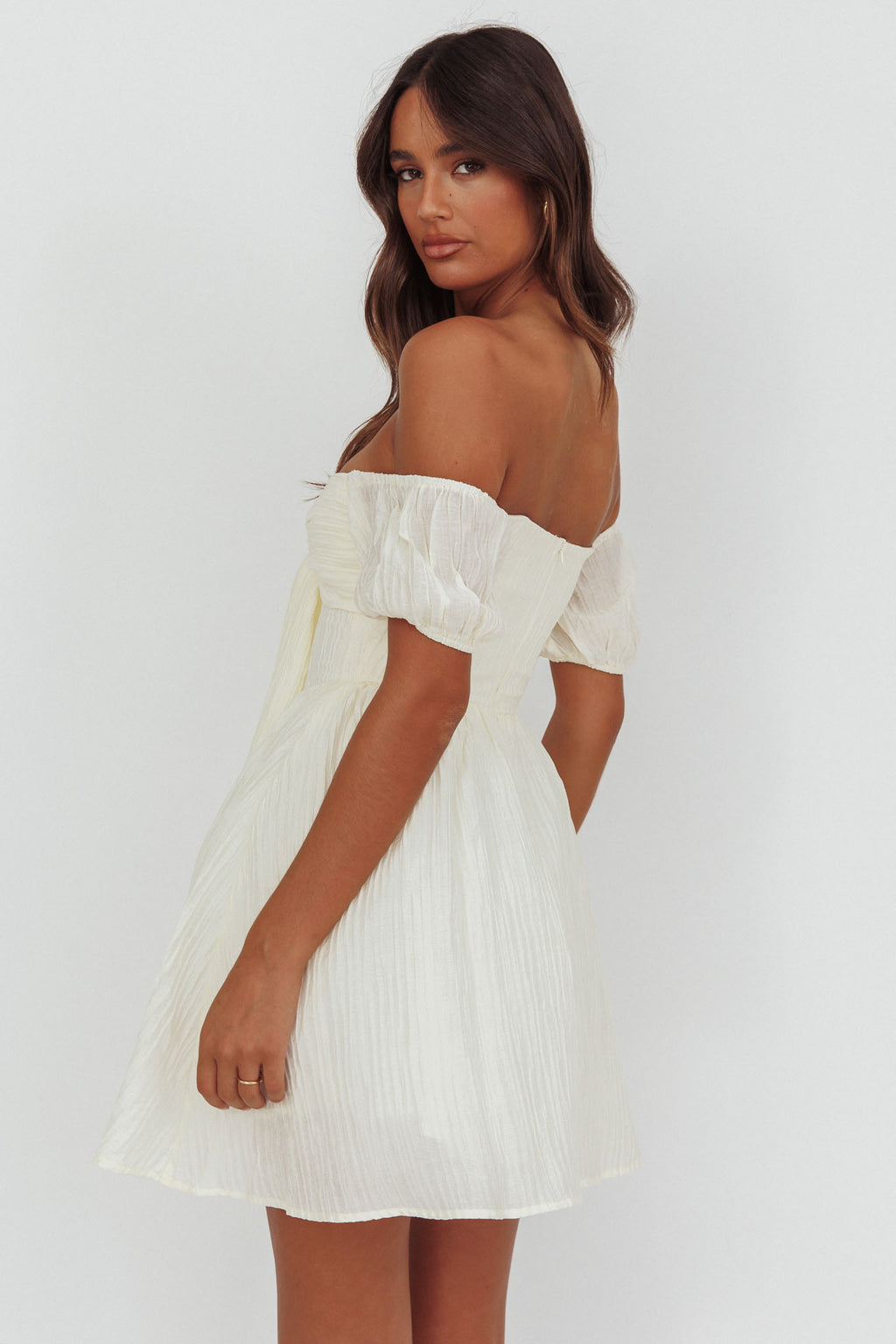 Perfect Worlds Off-Shoulder Mini Dress Textured Ivory by Selfie Leslie Australia
