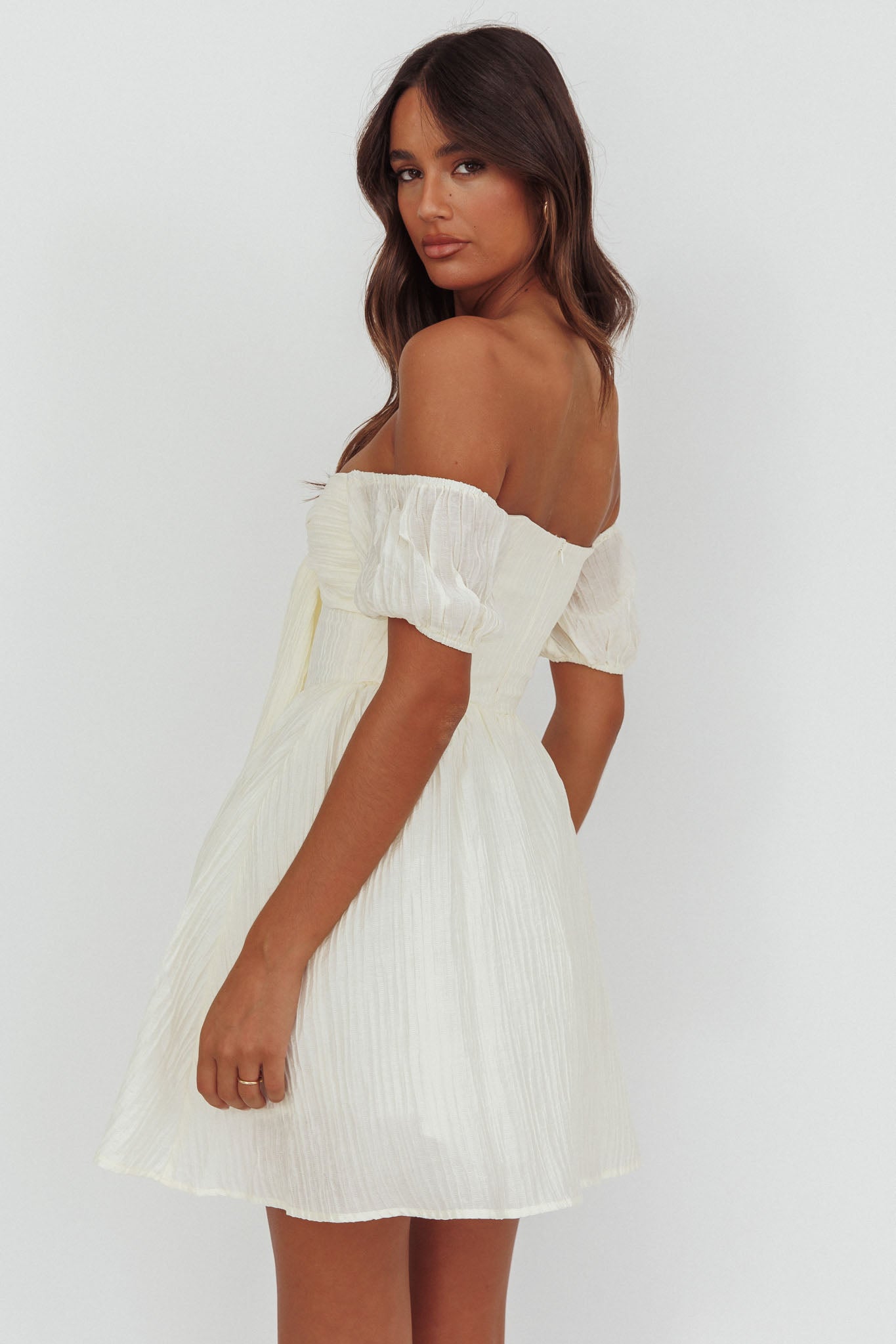 Perfect Worlds Off-Shoulder Mini Dress Textured Ivory by Selfie Leslie Australia