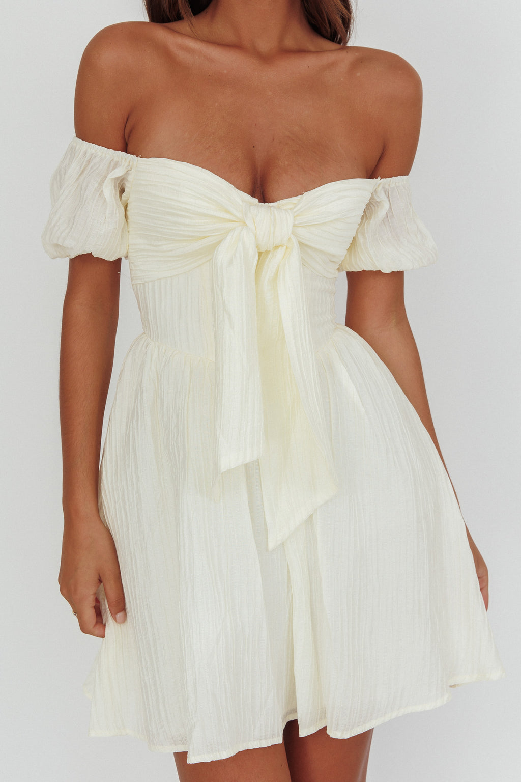 Perfect Worlds Off-Shoulder Mini Dress Textured Ivory by Selfie Leslie Australia