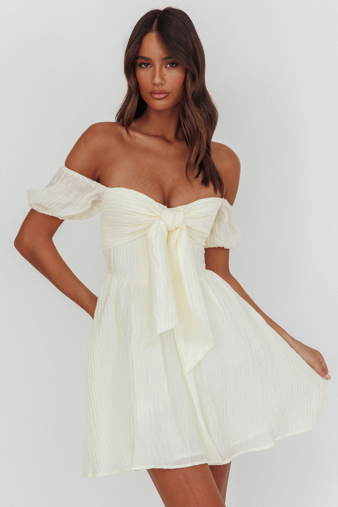 Perfect Worlds Off-Shoulder Mini Dress Textured Ivory by Selfie Leslie Australia
