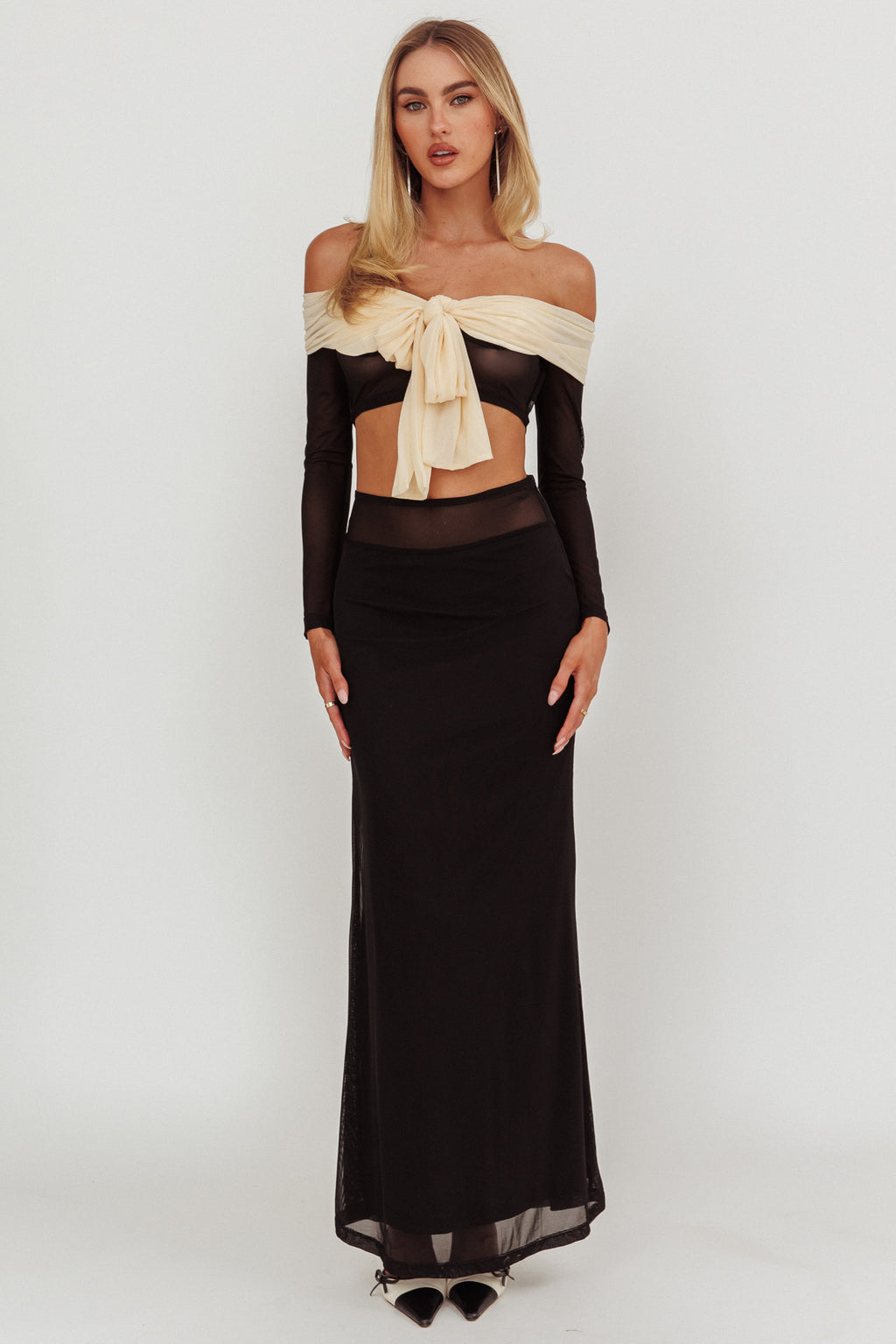 Perfect Worlds Off Shoulder Sheer Cropped Top Black by Selfie Leslie Australia