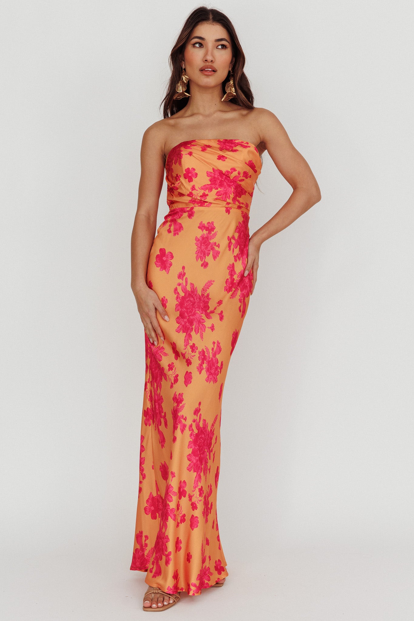 City Of Stars Strapless Maxi Dress Floral Orange by Selfie Leslie Australia