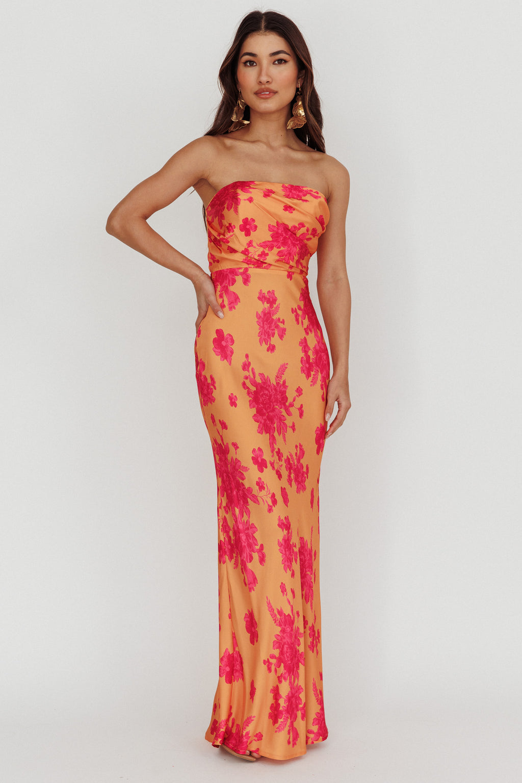 City Of Stars Strapless Maxi Dress Floral Orange by Selfie Leslie Australia
