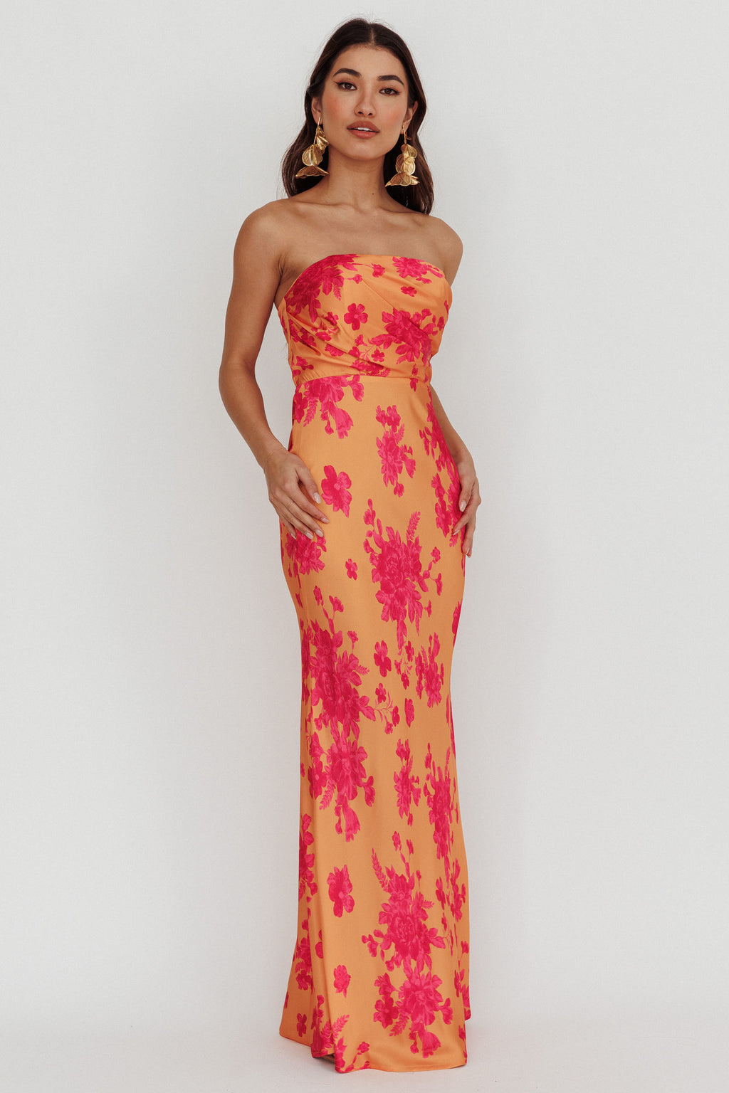 City Of Stars Strapless Maxi Dress Floral Orange by Selfie Leslie Australia