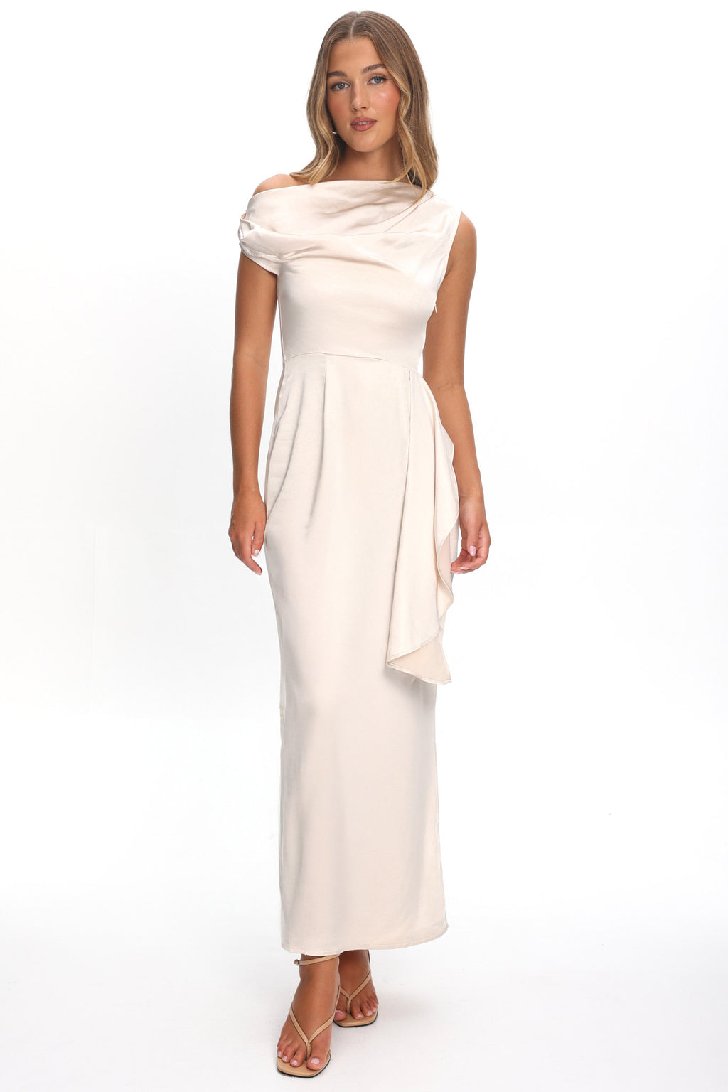 Tova Draped One-Shoulder Maxi Dress Champagne by Selfie Leslie Australia