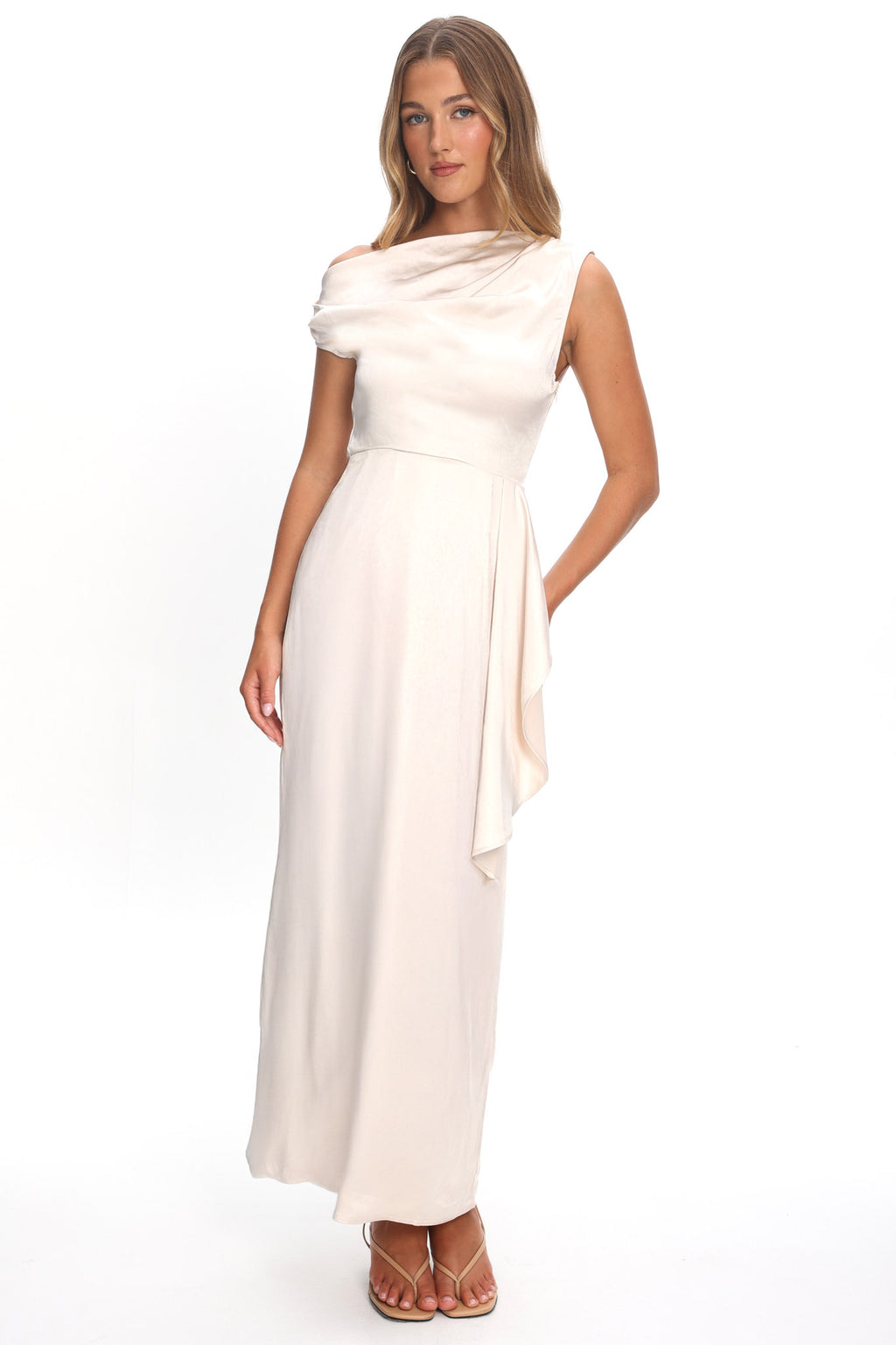 Tova Draped One-Shoulder Maxi Dress Champagne by Selfie Leslie Australia