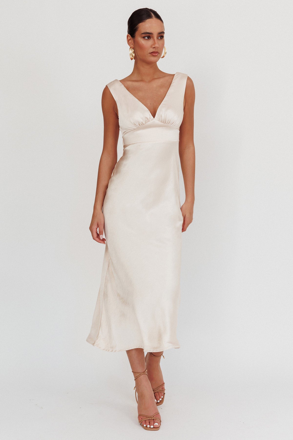ivory satin midi dress Leila V-Neck Low Back Color:Dark Ruby Bright Summer Dress Moon River White Linen Adjustable tie straps cross