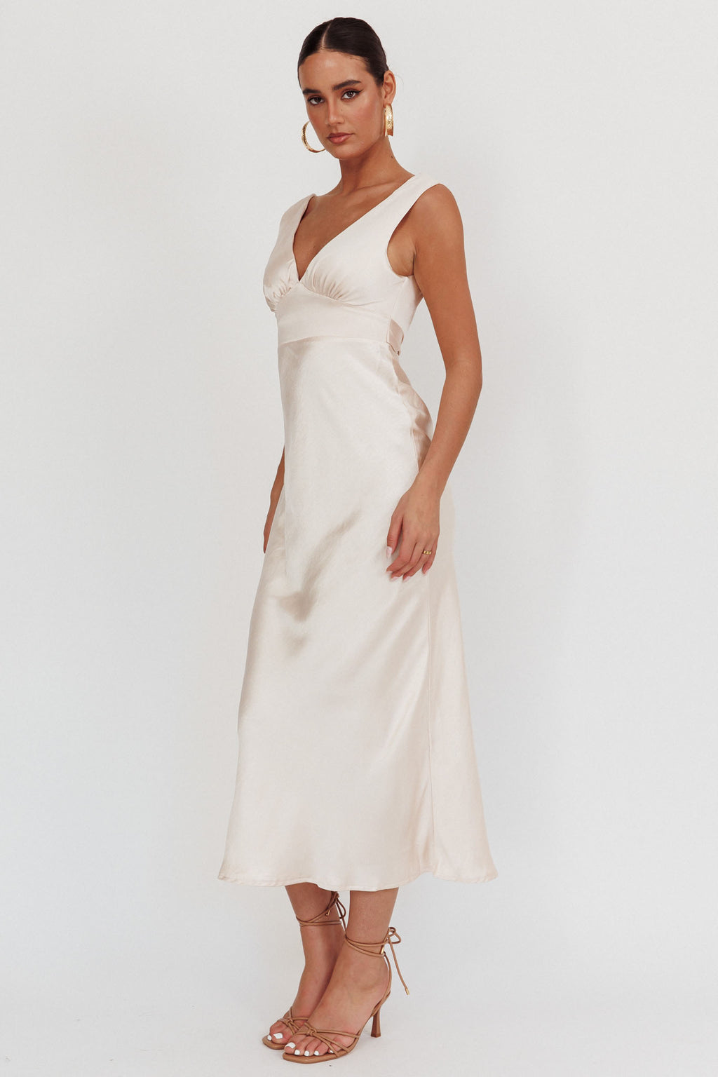 Leila V-Neck Low Back Satin Midi Dress Ivory by Selfie Leslie Australia