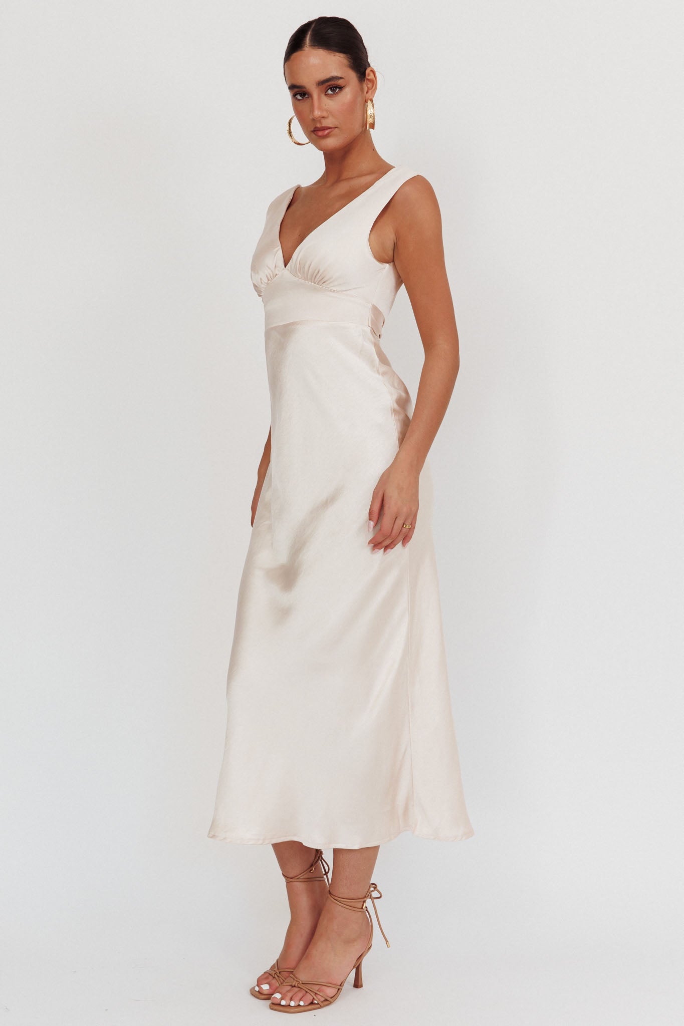 Leila V-Neck Low Back Satin Midi Dress Ivory by Selfie Leslie Australia