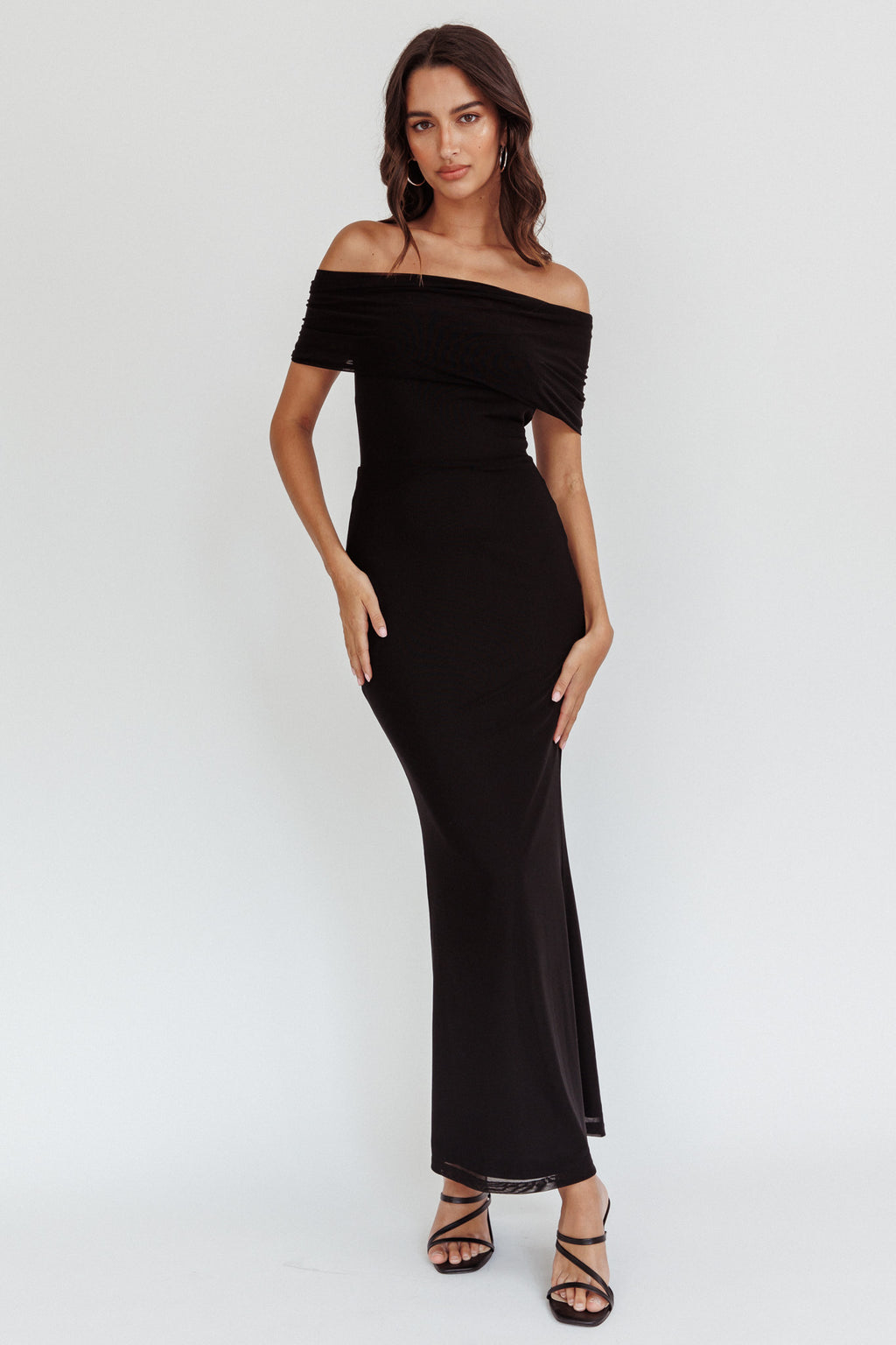 Aqaba Off-Shoulder Mesh Maxi Dress Black by Selfie Leslie Australia