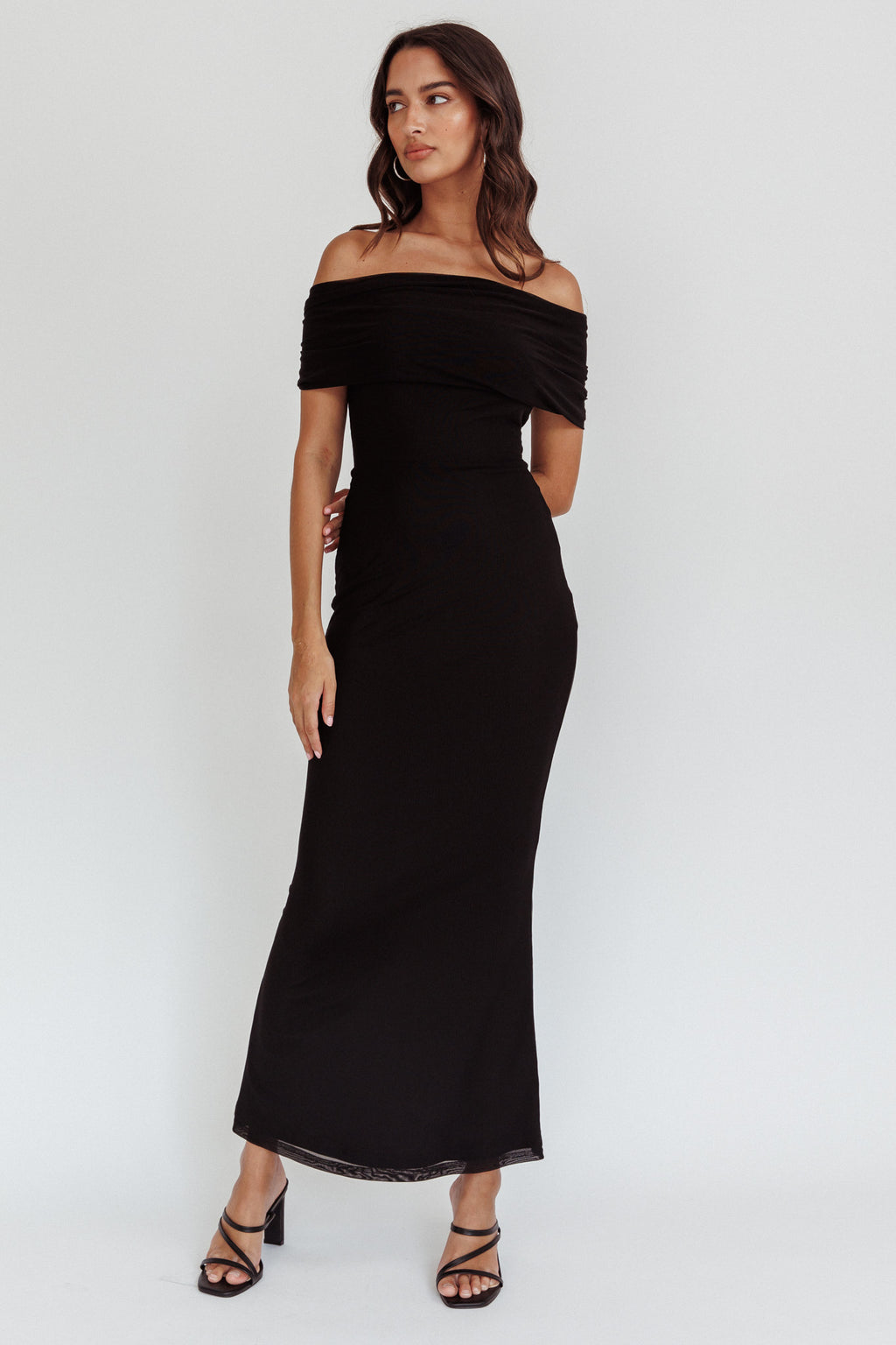 Aqaba Off-Shoulder Mesh Maxi Dress Black by Selfie Leslie Australia