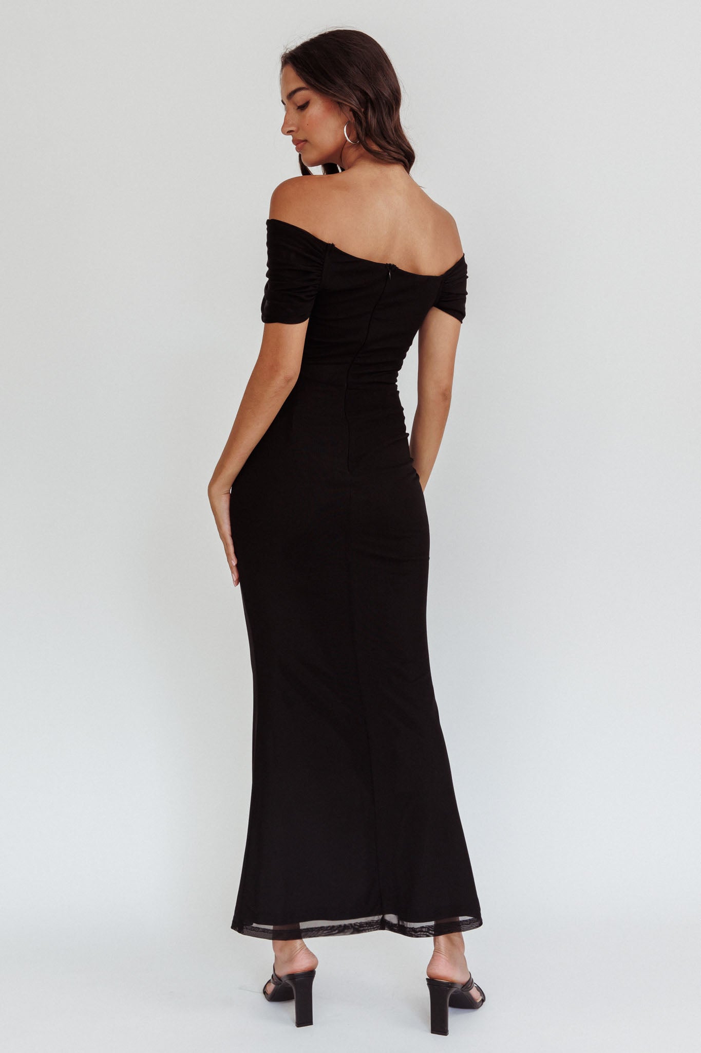 Aqaba Off-Shoulder Mesh Maxi Dress Black by Selfie Leslie Australia