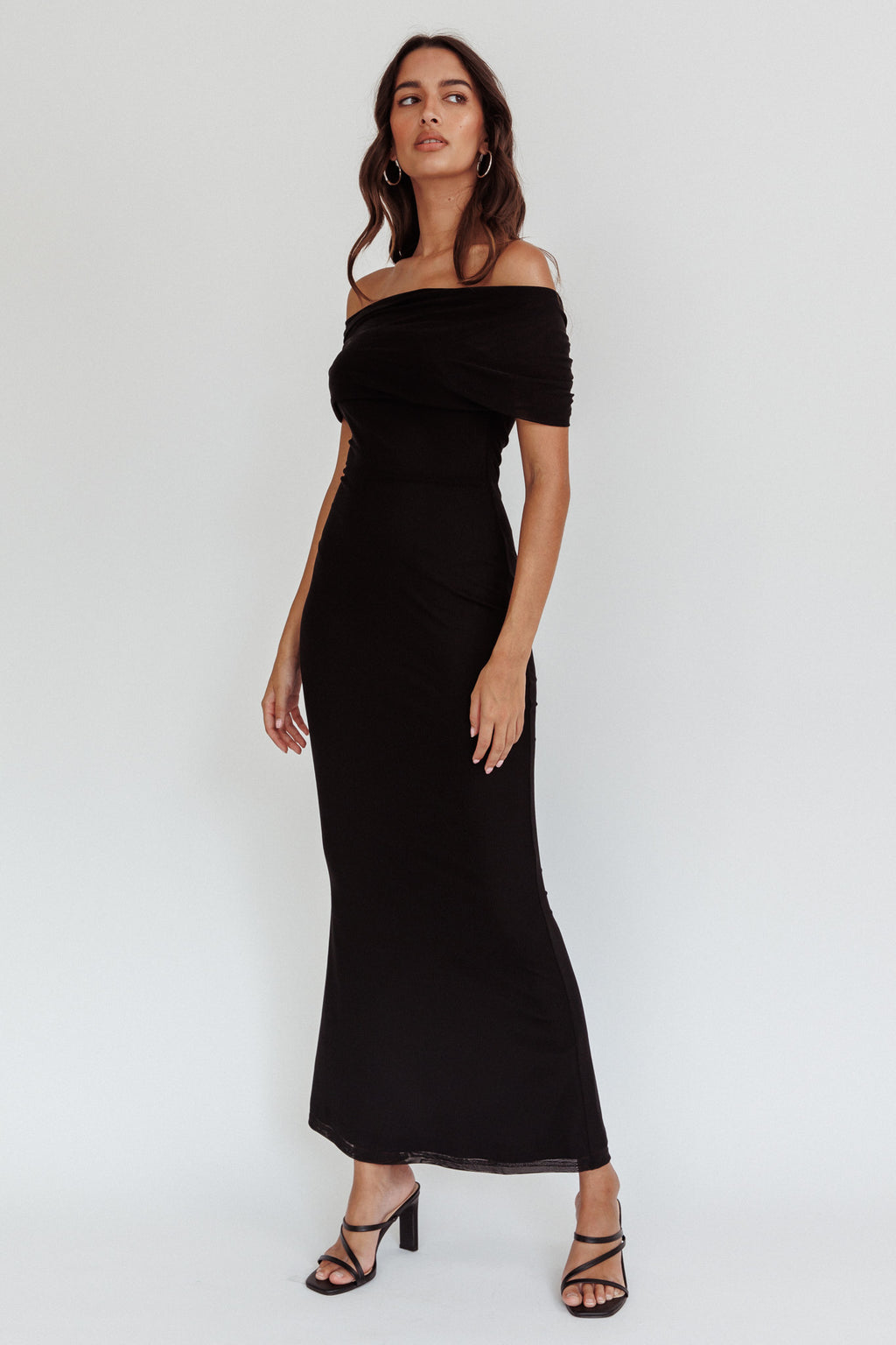 Aqaba Off-Shoulder Mesh Maxi Dress Black by Selfie Leslie Australia