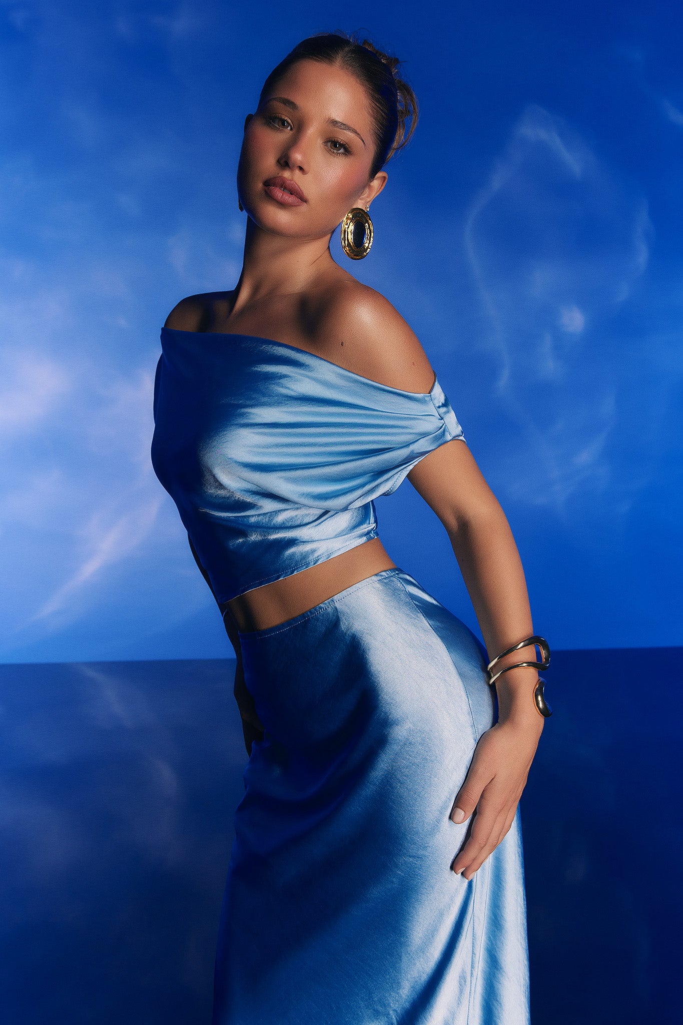 Alivya On-Off-Shoulder Satin Top Blue by Selfie Leslie Australia
