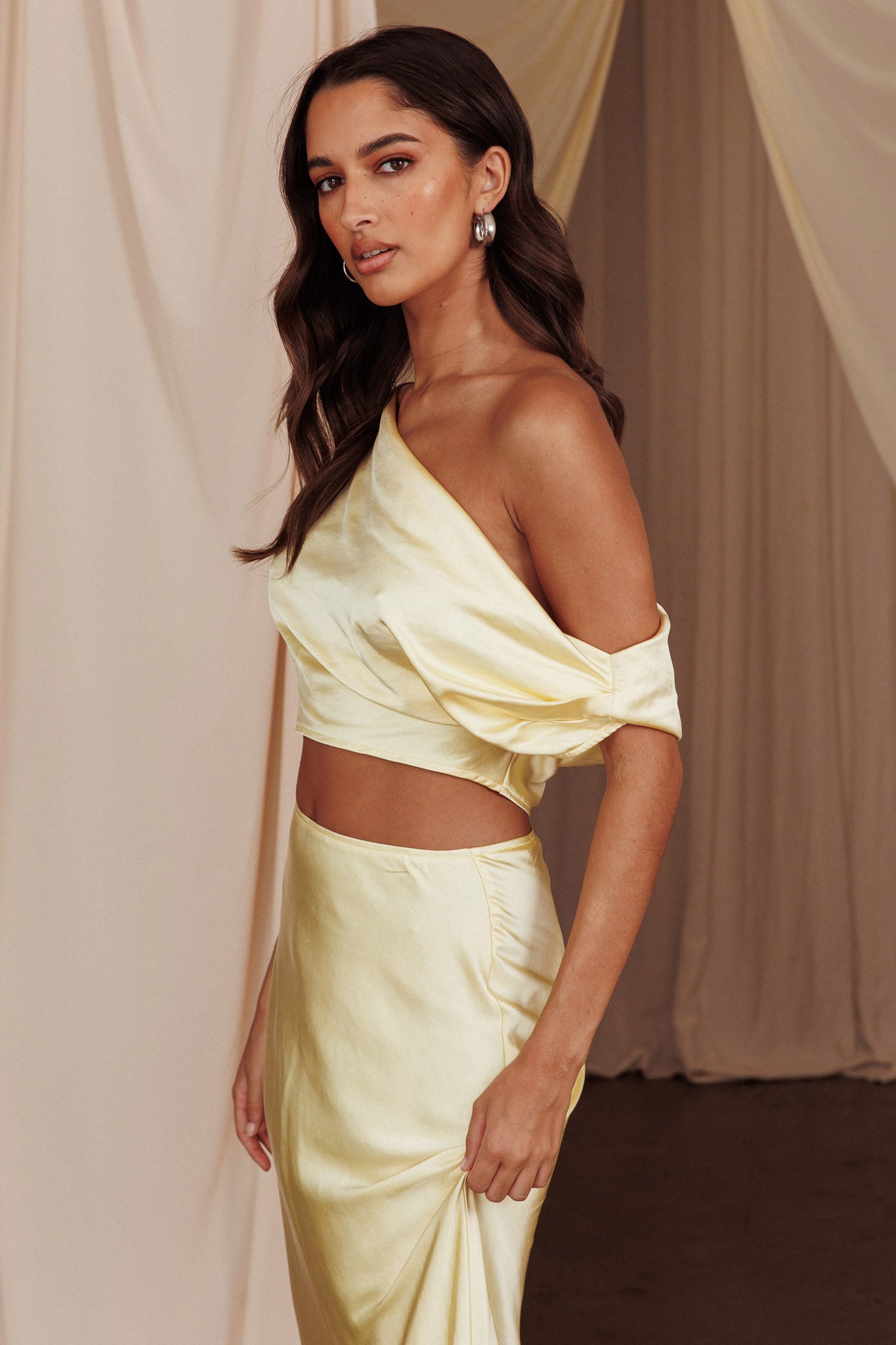Alivya On-Off-Shoulder Satin Top Butter by Selfie Leslie Australia