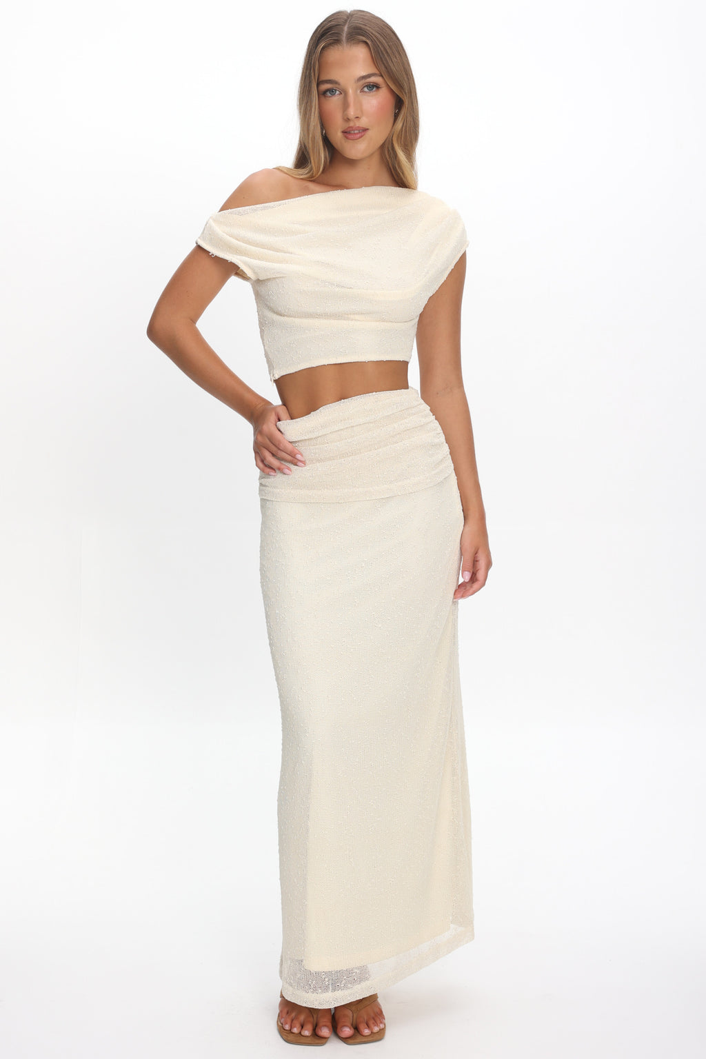 Alivya Ruched Waist Maxi Skirt Butter by Selfie Leslie Australia