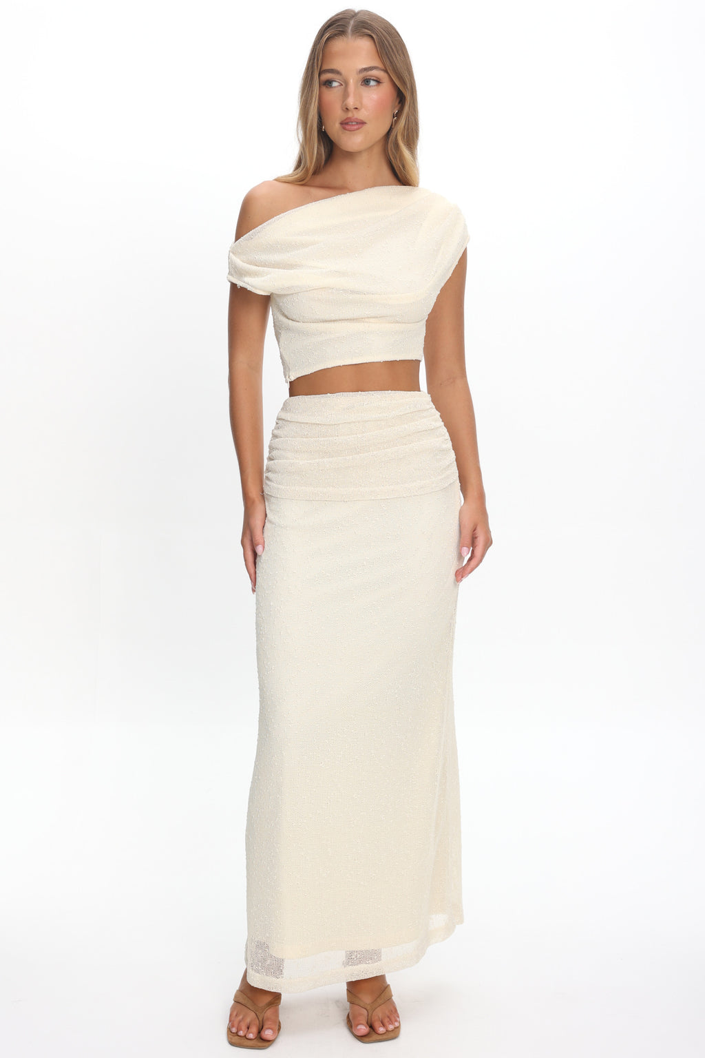 Alivya Ruched Waist Maxi Skirt Butter by Selfie Leslie Australia