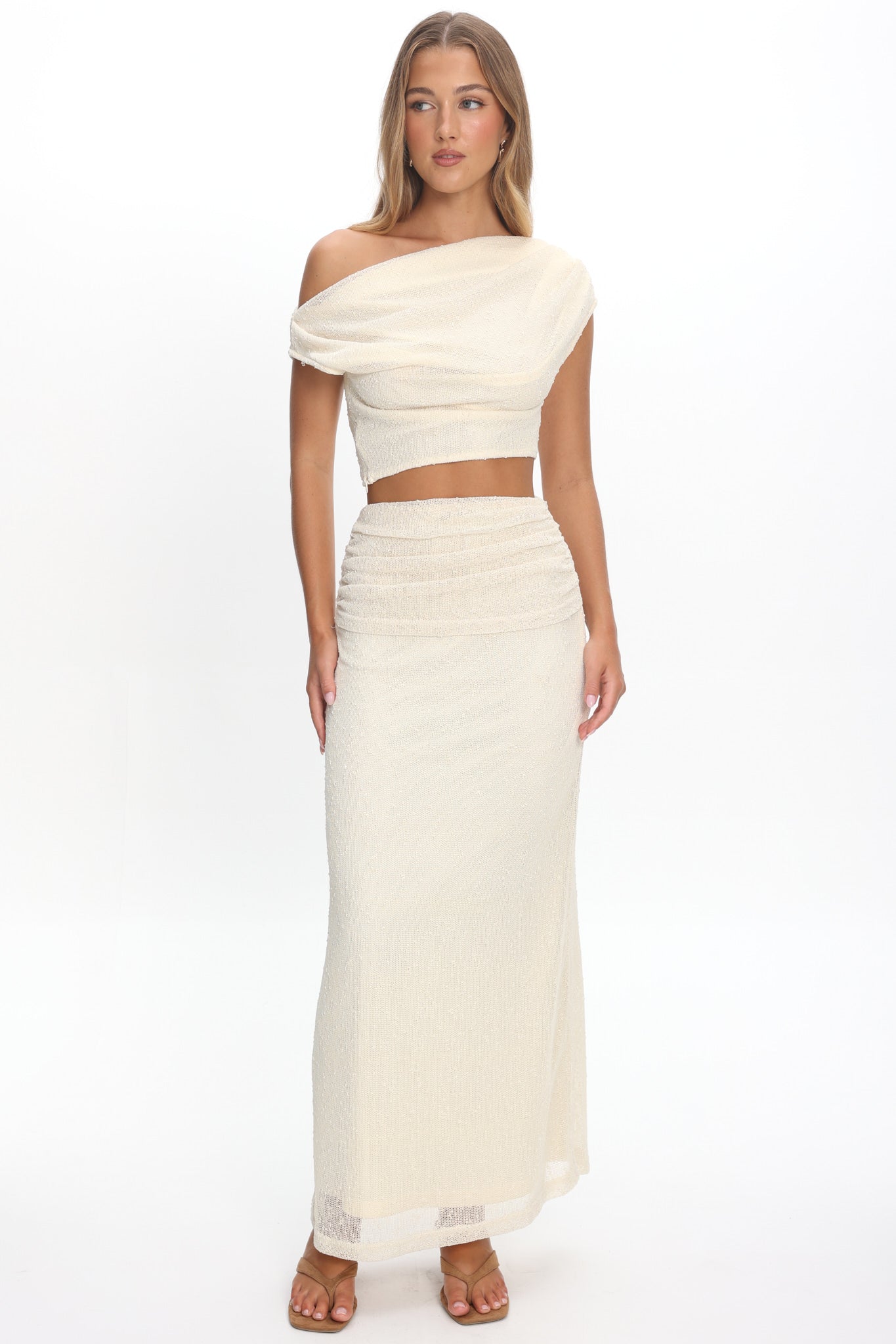 Alivya Ruched Waist Maxi Skirt Butter by Selfie Leslie Australia